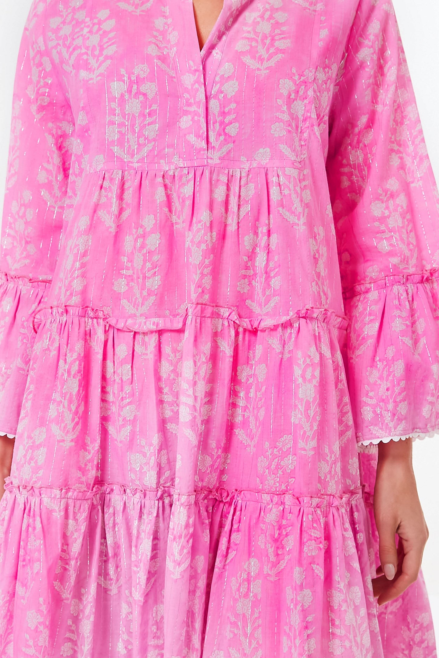 Exclusive Orchid Small Flower Lurex Flared Sleeve Dress