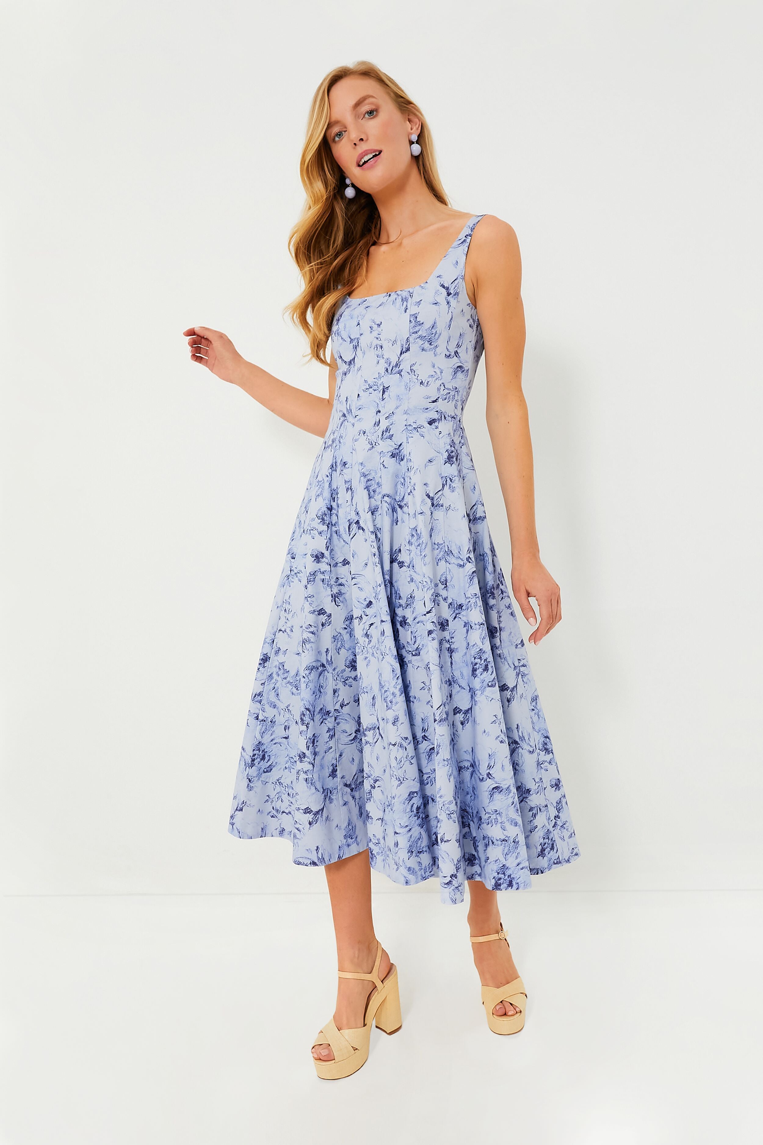 Periwinkle Sketchbook Floral Midi Wells Dress | STAUD Periwinkle Sketchbook Floral Midi Wells Dress | STAUD