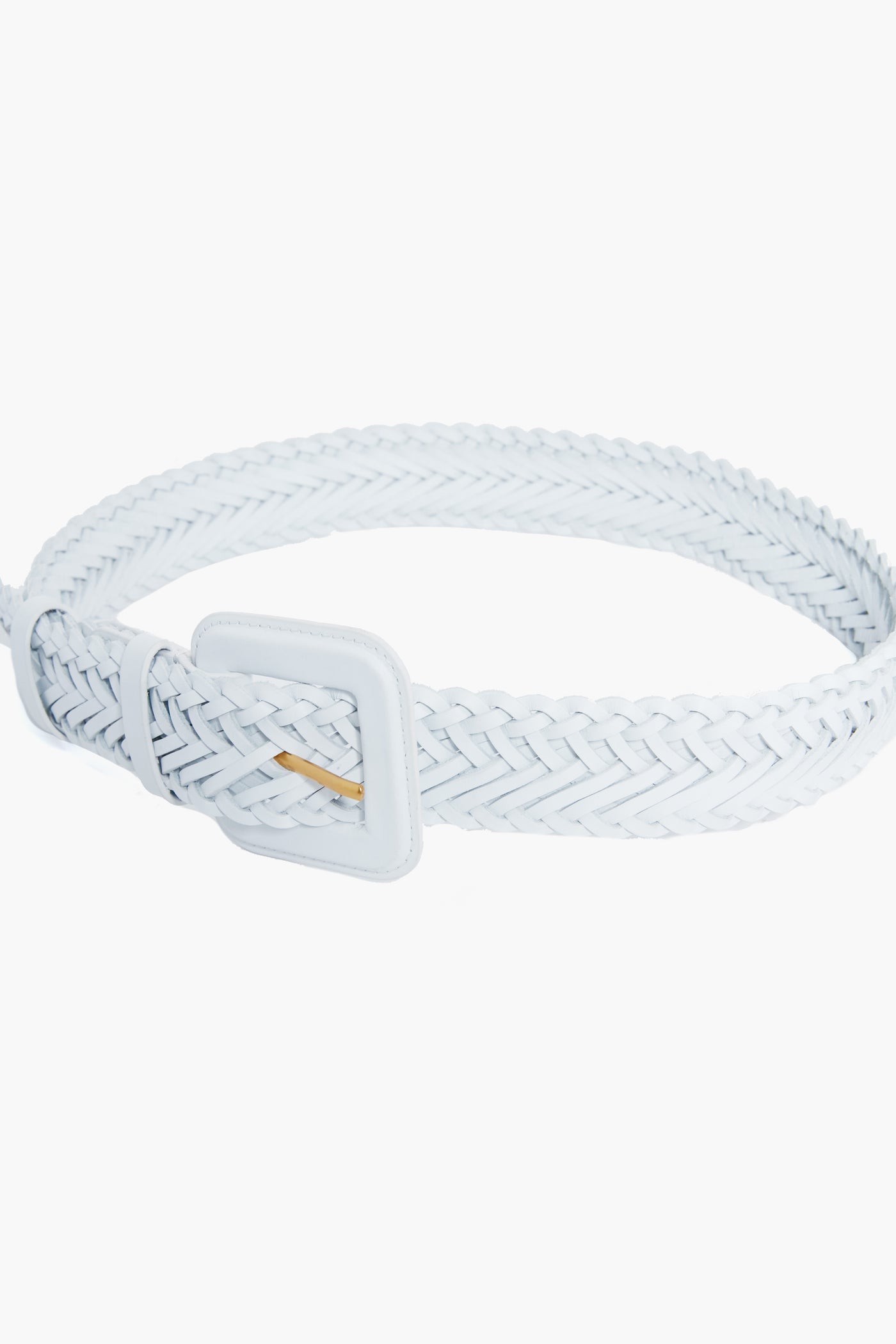 The Loeffler Randall white woven leather belt features a matching square buckle with a gold accent—perfect for adding elegance to any outfit.