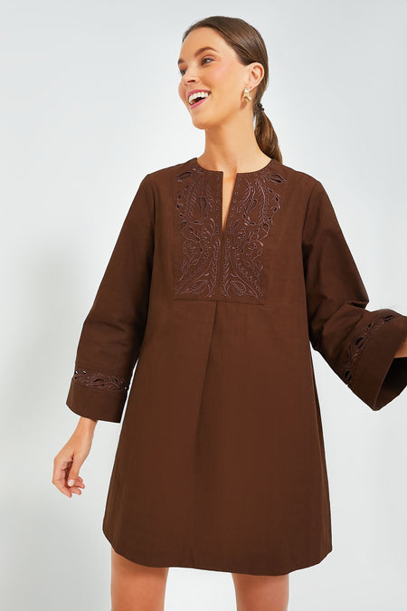 A woman wears Tuckernuck's Brown Tahlia Dress, a long-sleeve A-line mini dress featuring brown fabric with embroidered and eyelet details on the chest and sleeves.