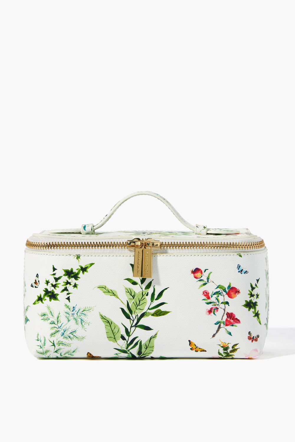 The Neely & Chloe x Inslee white rectangular small vanity case, crafted from saffiano leather with a gold zipper and handle, showcases colorful botanical and insect illustrations—an ideal holiday gift.