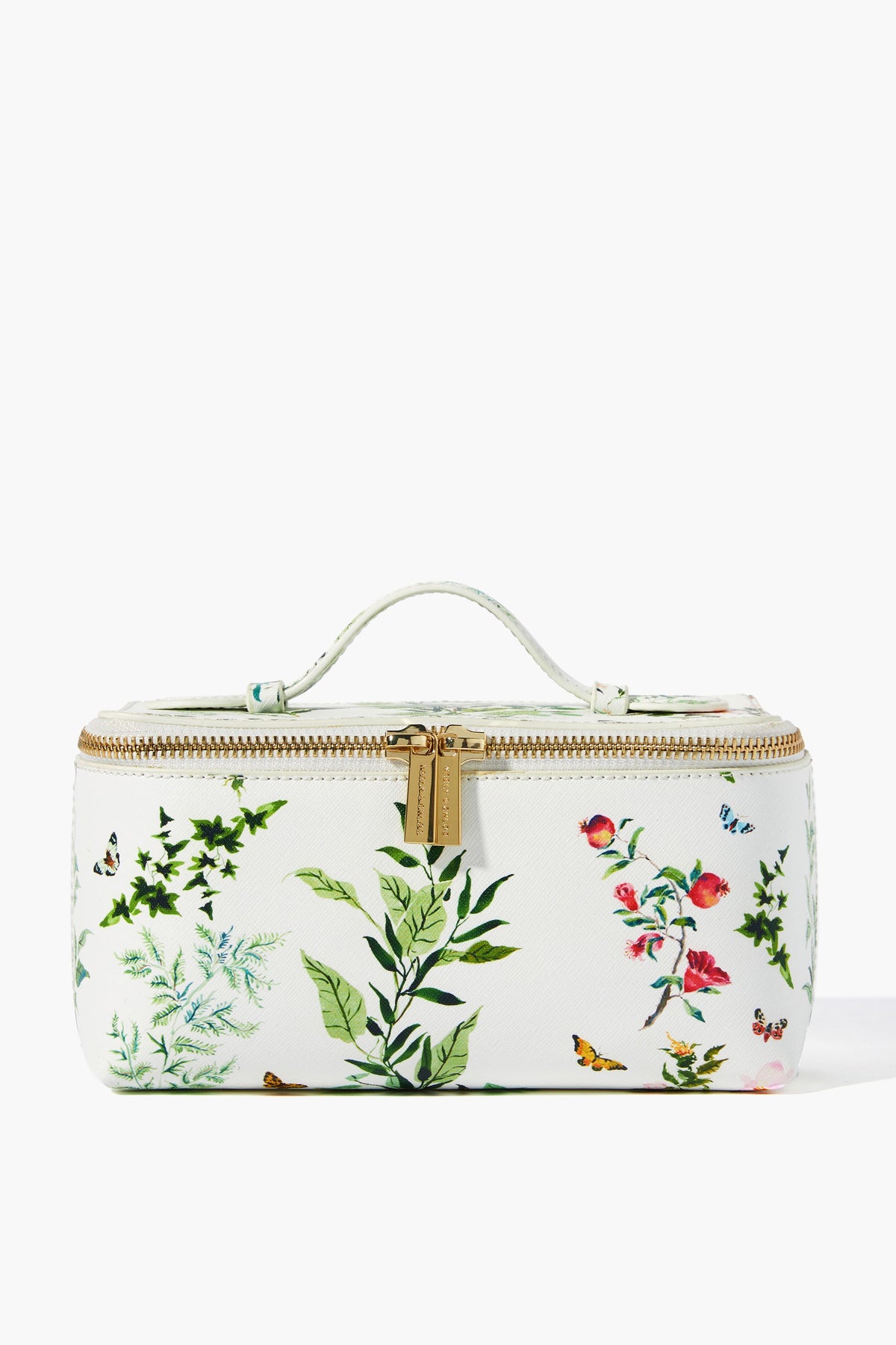 The Neely & Chloe x Inslee white rectangular small vanity case, crafted from saffiano leather with a gold zipper and handle, showcases colorful botanical and insect illustrations—an ideal holiday gift.