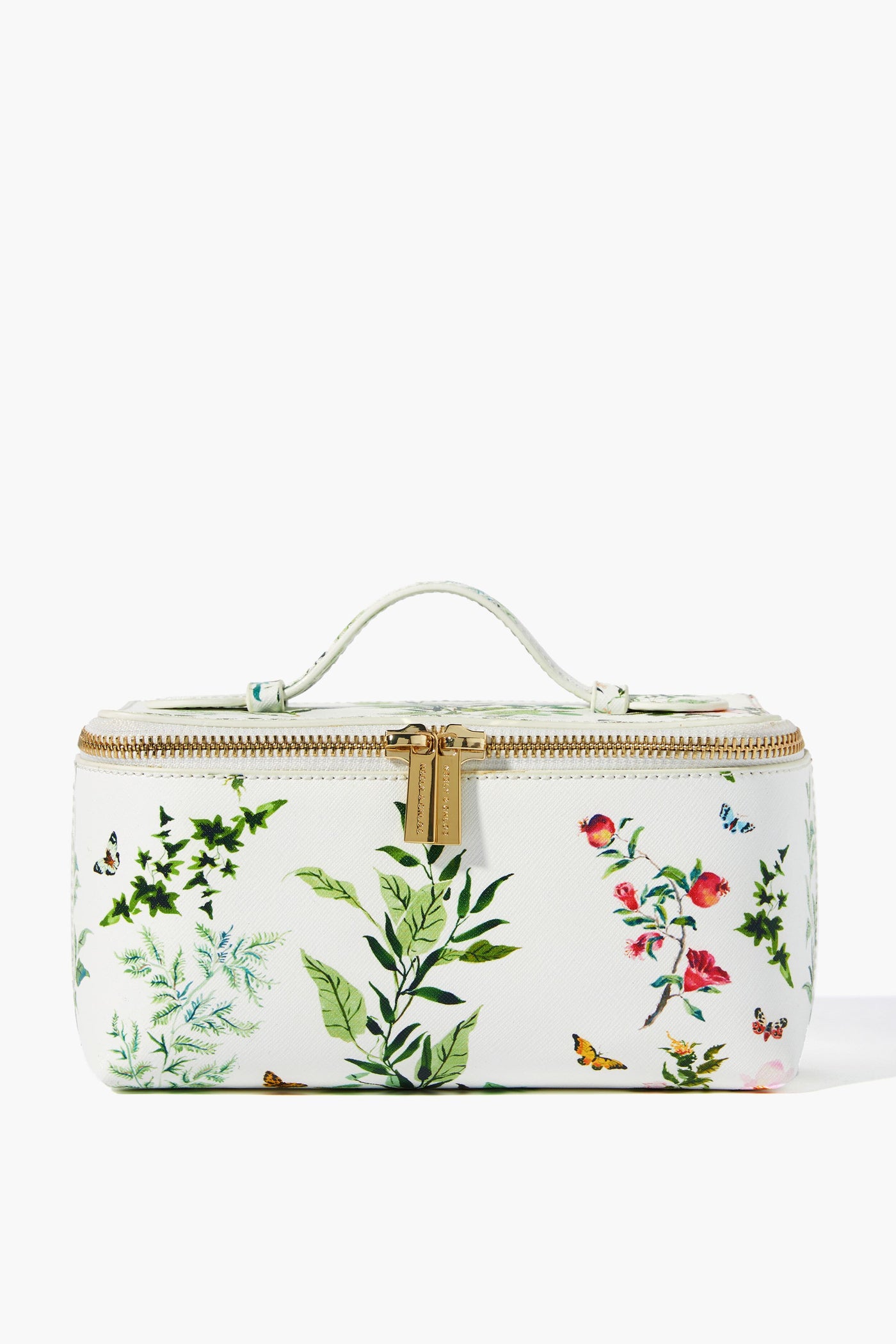 The Neely & Chloe x Inslee white rectangular small vanity case, crafted from saffiano leather with a gold zipper and handle, showcases colorful botanical and insect illustrations—an ideal holiday gift.