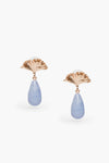 Mignonne Gavigan gold-plated earrings feature fan-shaped Gingko leaf tops and teardrop blue lace agate stone pendants.