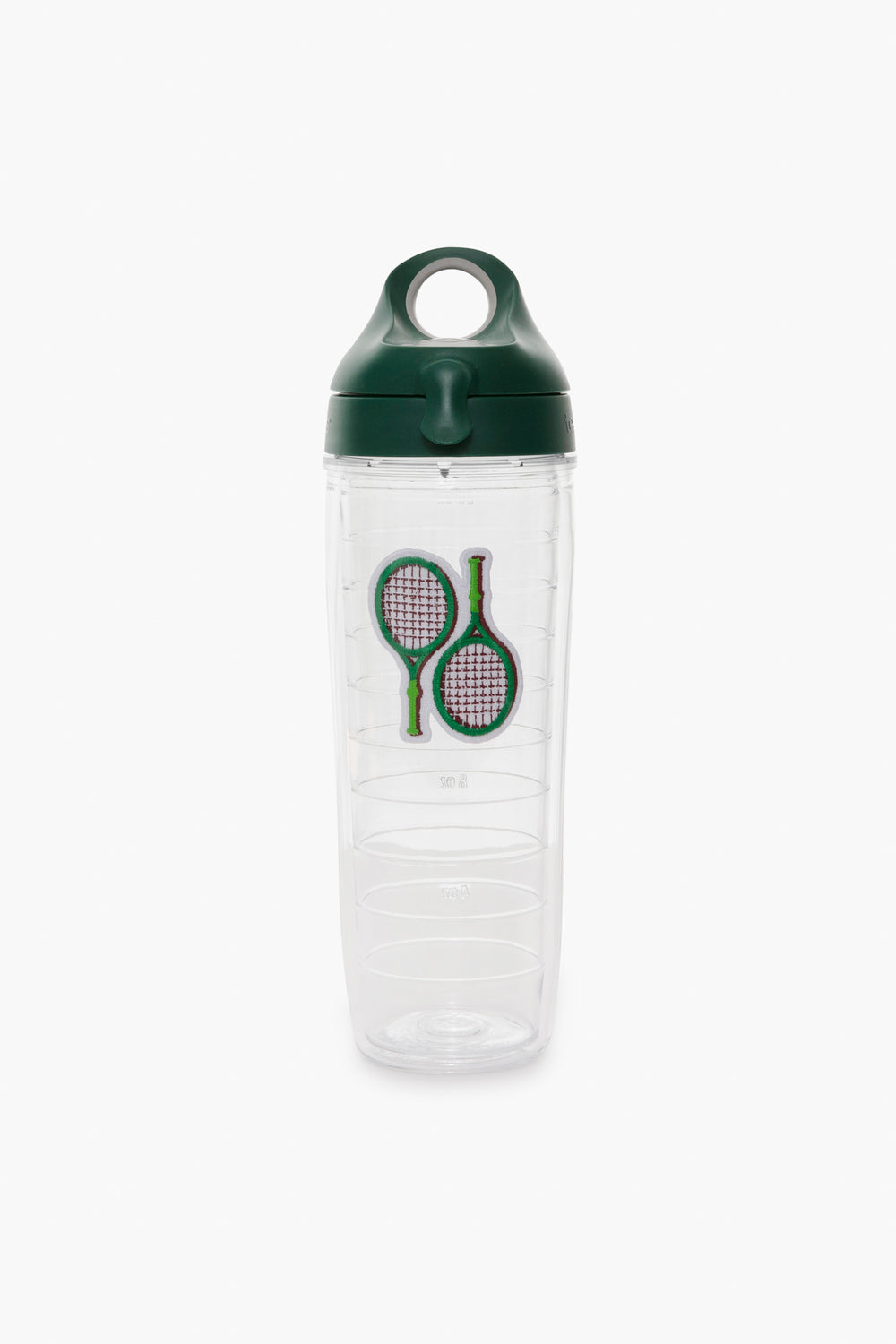 This BPA-free clear plastic water bottle from Tervis Tumbler x Tuckernuck features a dark green lid and two crossed tennis rackets on the front—perfect for sports enthusiasts.