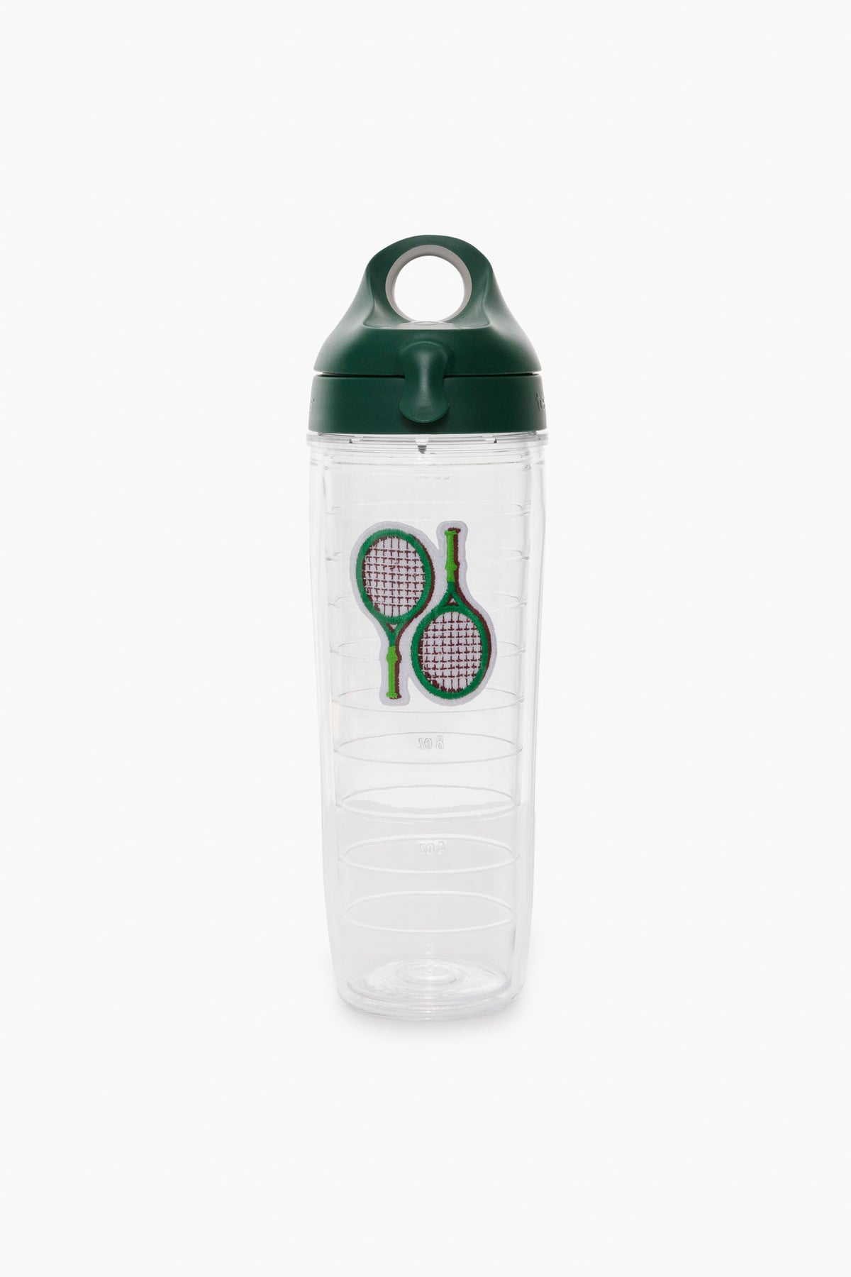 This BPA-free clear plastic water bottle from Tervis Tumbler x Tuckernuck features a dark green lid and two crossed tennis rackets on the front—perfect for sports enthusiasts.