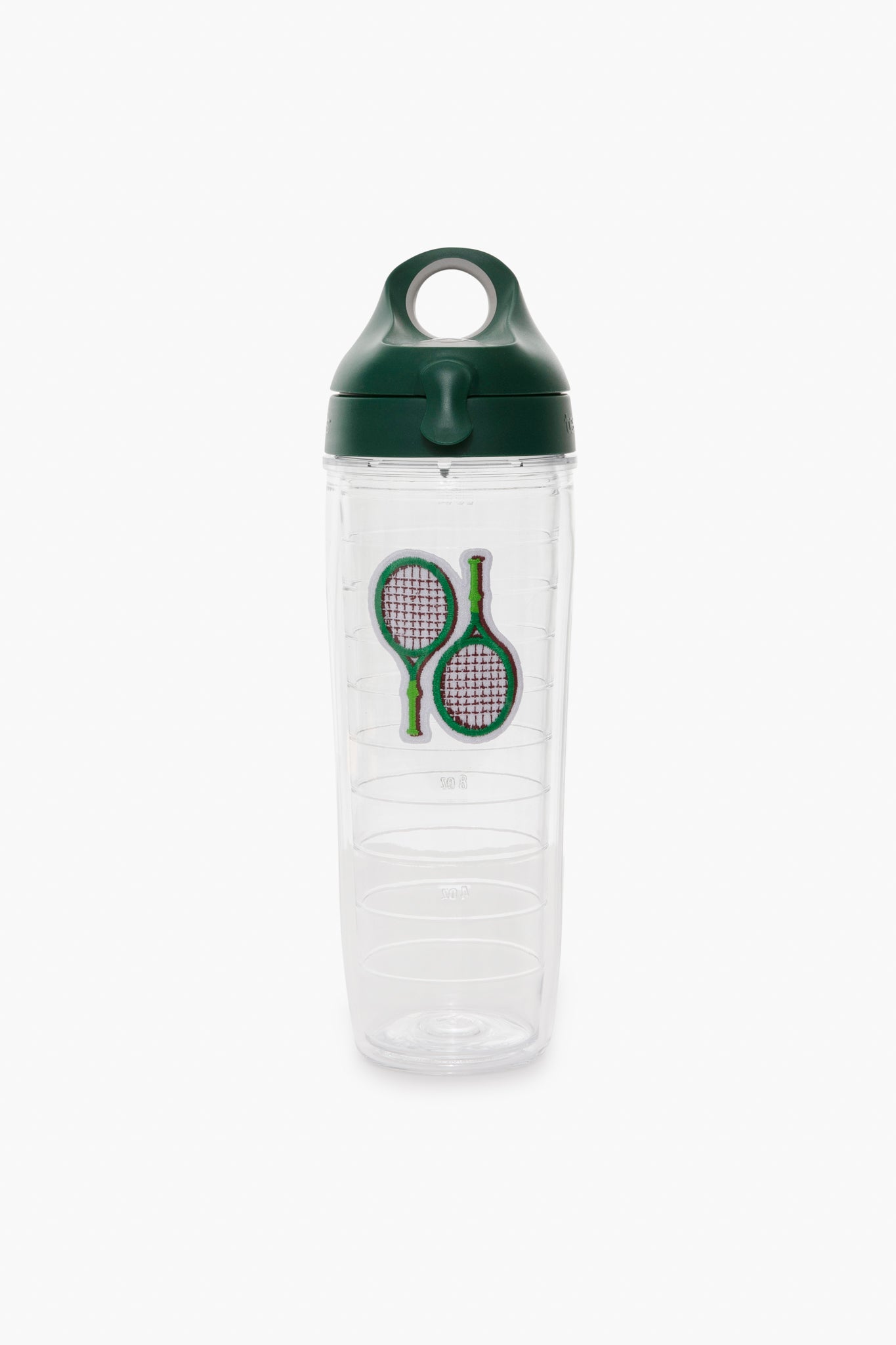 This BPA-free clear plastic water bottle from Tervis Tumbler x Tuckernuck features a dark green lid and two crossed tennis rackets on the front—perfect for sports enthusiasts.