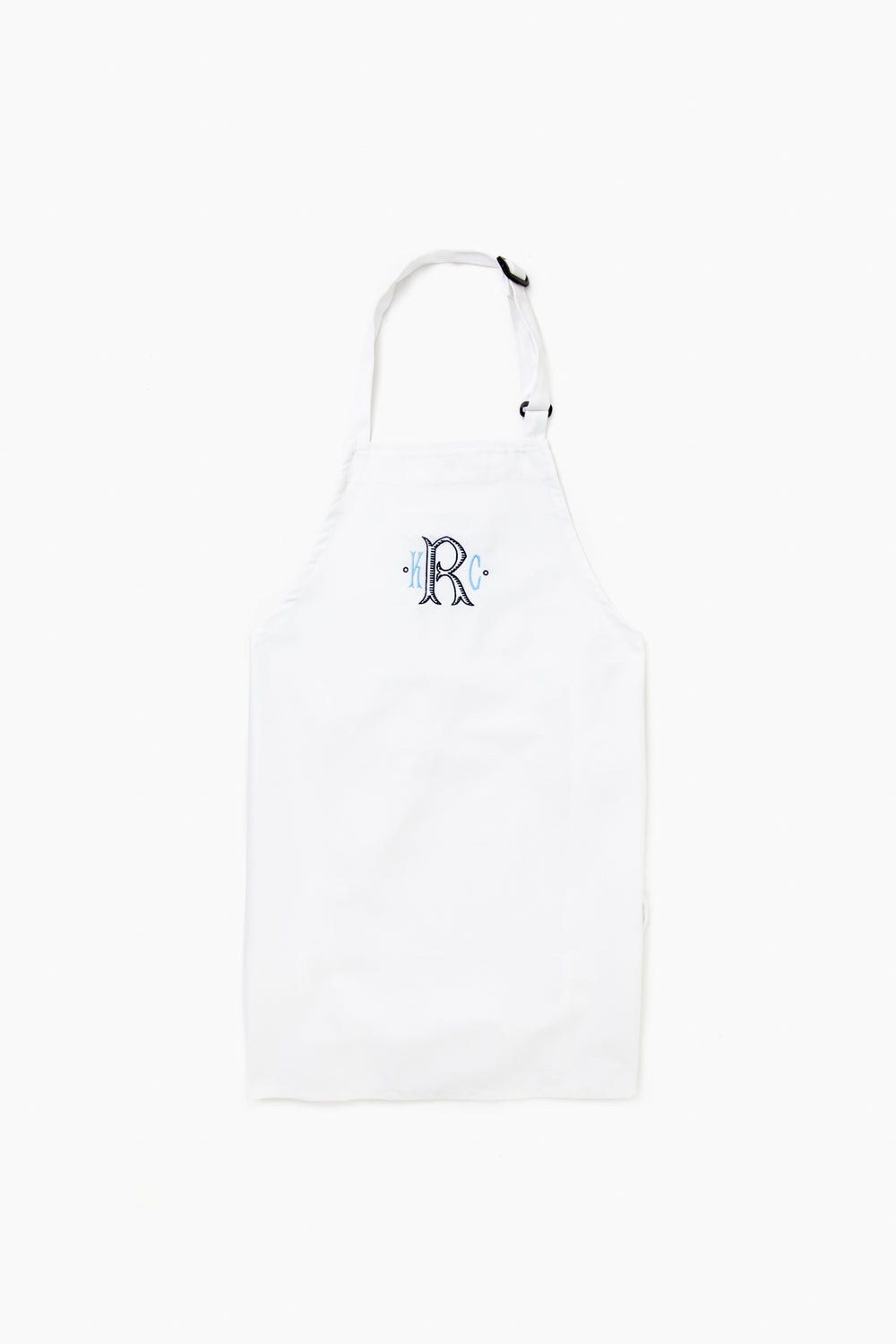 The Caton's Wharf white adjustable neck apron features a blue letter R monogram on the chest and is crafted from wrinkle-resistant fabric for durability and style.