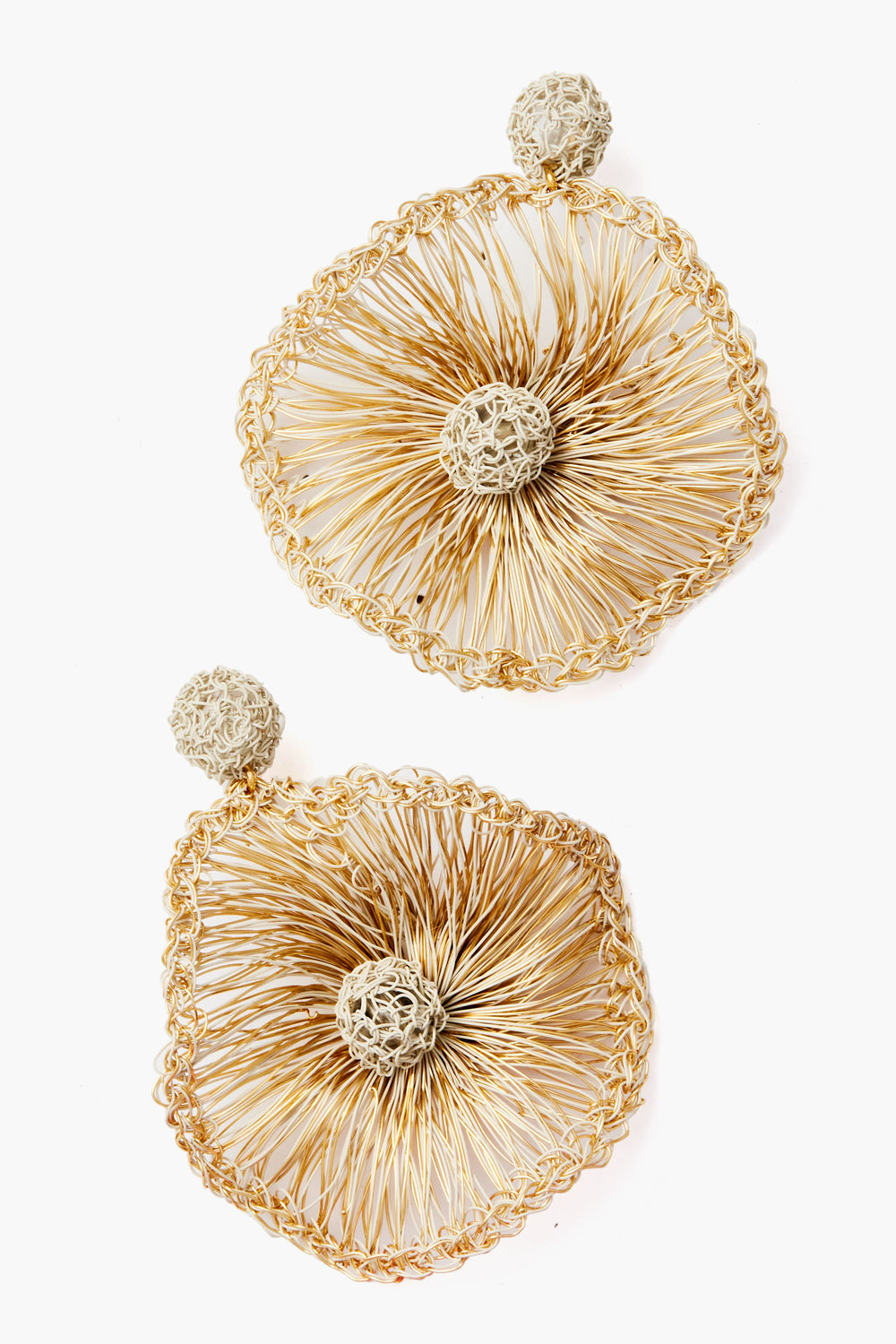 Two 18k gold-plated wire earrings by Lavish feature circular, fan-like designs with small, textured spheres—an exquisite example of hand-crocheted jewelry.