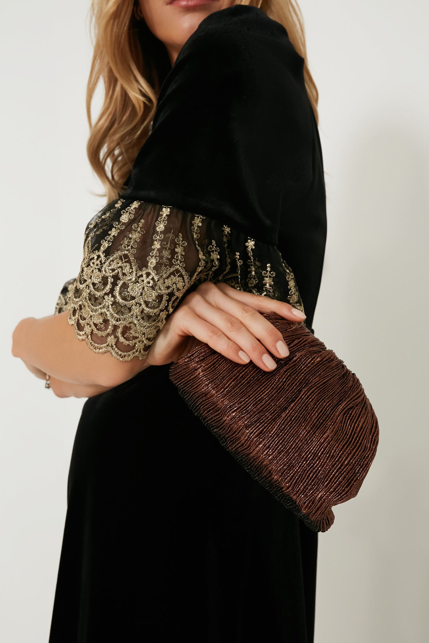 Mocha Lame Bailey Pleated Clutch