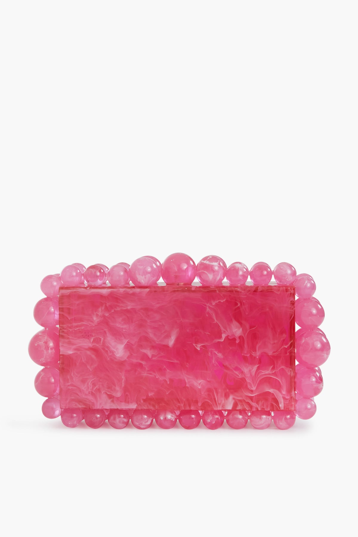 The Eos Clutch by Cult Gaia features a rectangular pink marbleized acrylic body accented with a border of rounded pink beads.