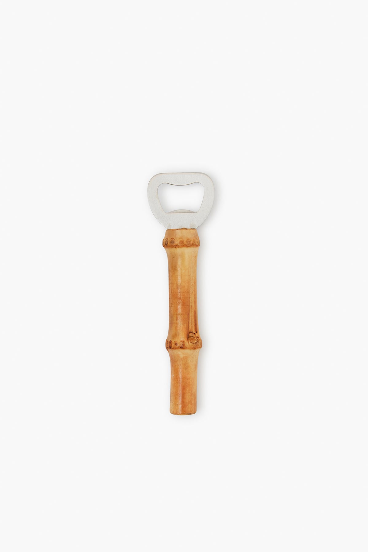 The Chefanie bamboo bottle opener features a sturdy metal head, making it a stylish bar cart accessory or thoughtful hostess gift.