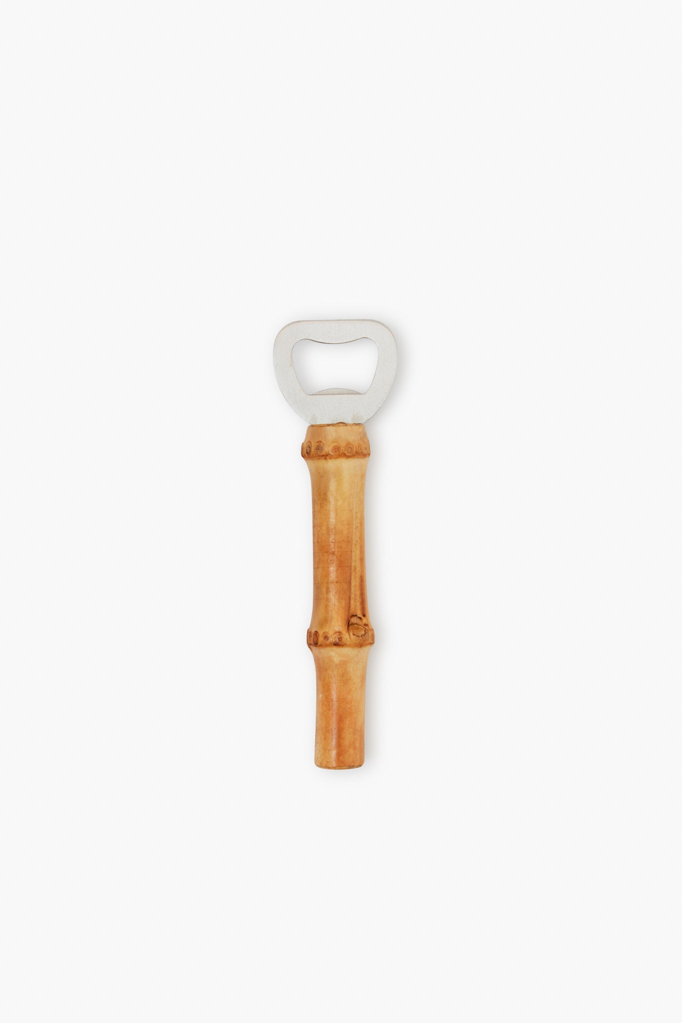The Chefanie bamboo bottle opener features a sturdy metal head, making it a stylish bar cart accessory or thoughtful hostess gift.
