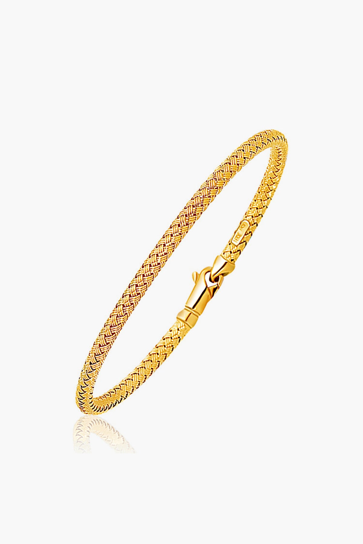 Tuckernuck Fine Jewelry showcases a thin 14k yellow gold bangle bracelet featuring a woven pattern and a lobster clasp.