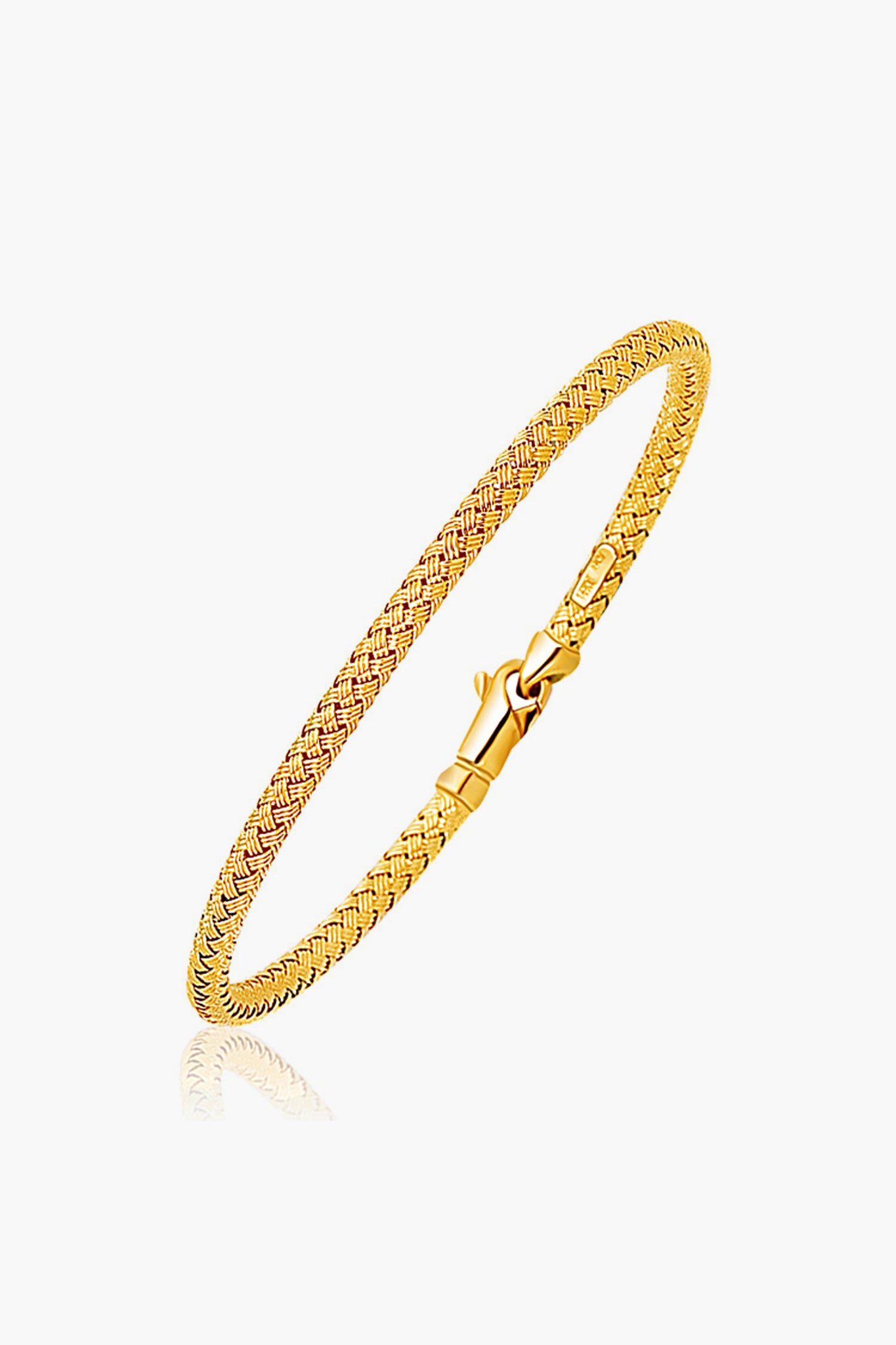 Tuckernuck Fine Jewelry showcases a thin 14k yellow gold bangle bracelet featuring a woven pattern and a lobster clasp.