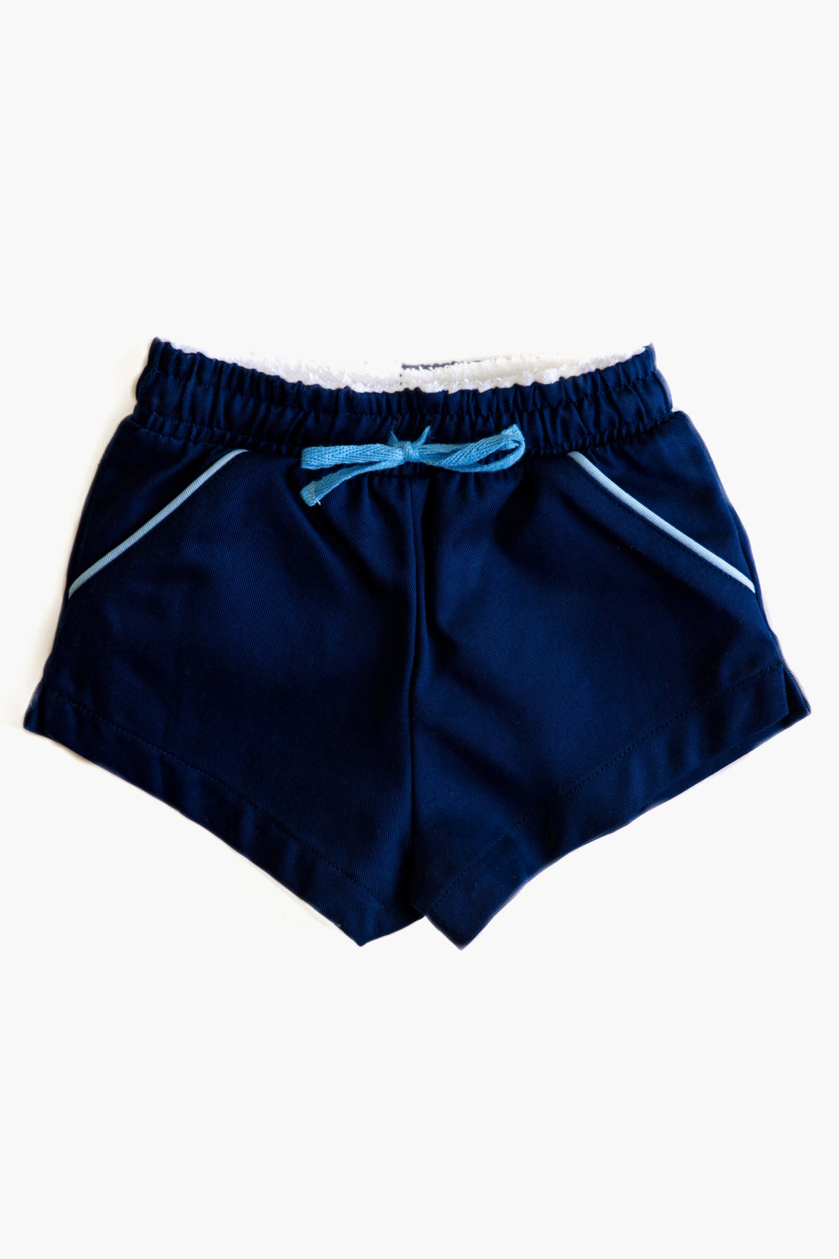 Cadets navy blue boys' shorts with an elastic waistband, blue drawstring, and light blue piping on the pockets. Perfect cotton shorts for active kids.