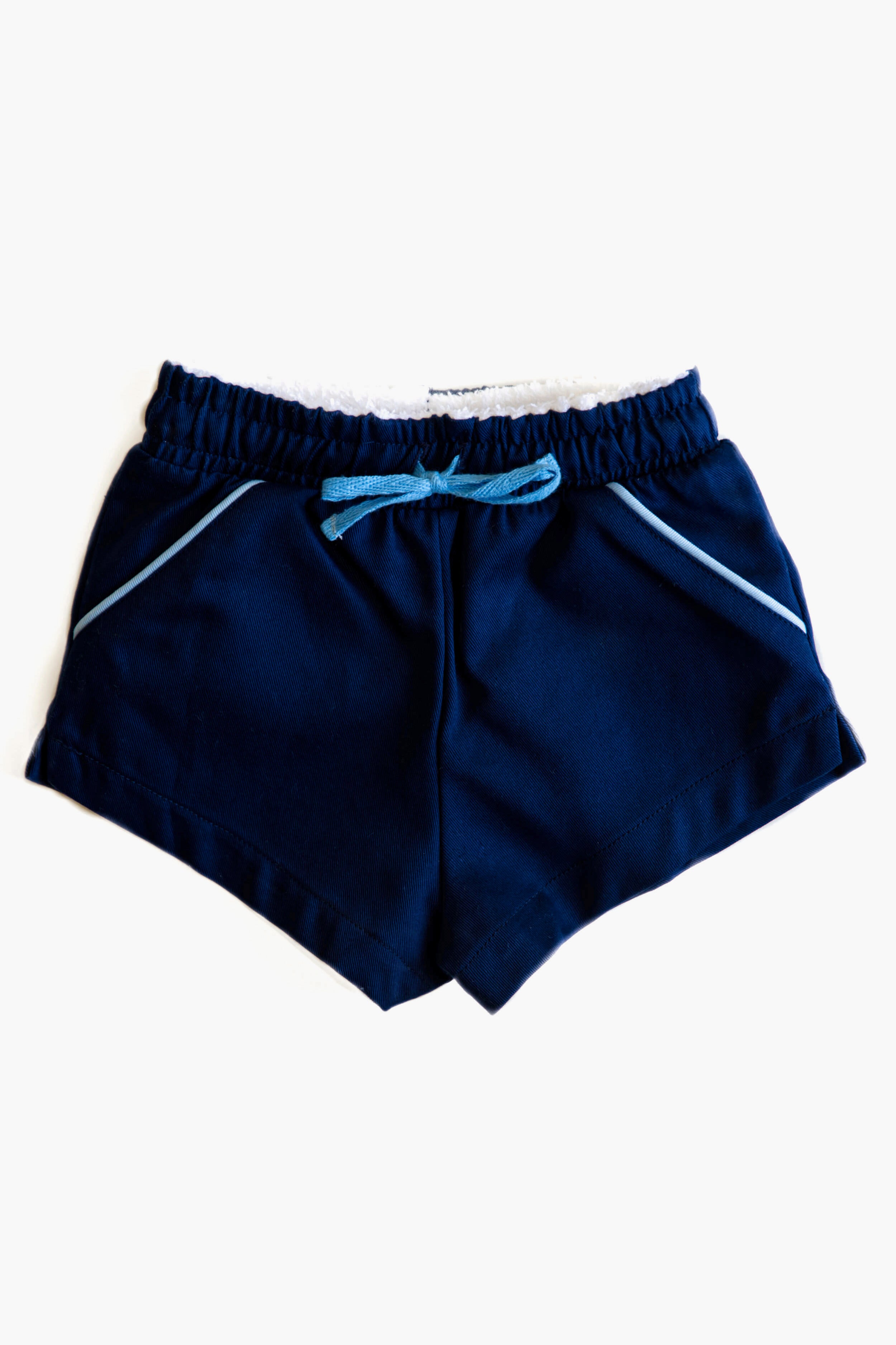 Cadets navy blue boys' shorts with an elastic waistband, blue drawstring, and light blue piping on the pockets. Perfect cotton shorts for active kids.