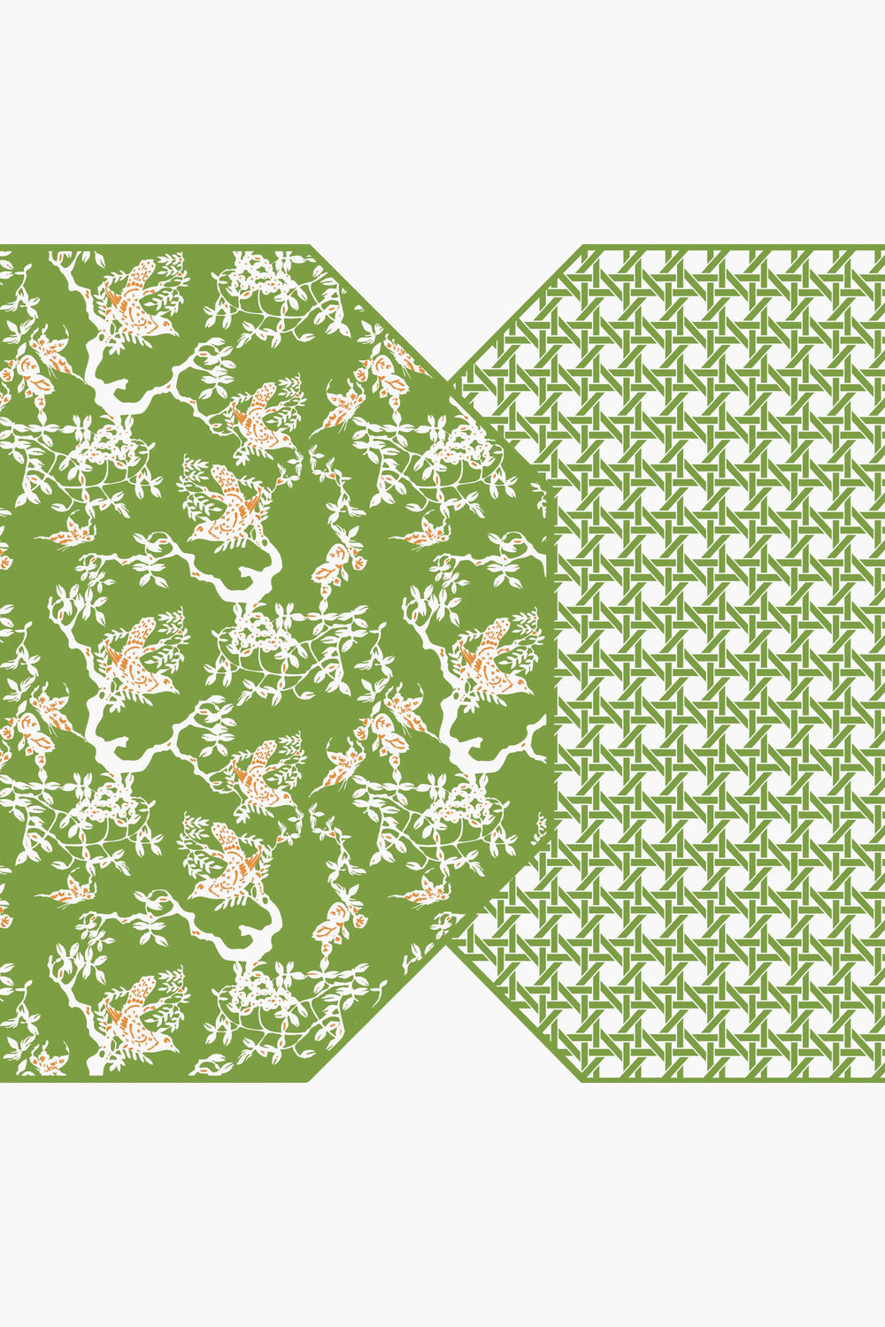 A green geometric pattern on the right overlaps with a green floral bird and branch motif on the left—Holly Stuart Home's reversible placemats, ideal for enhancing your handcrafted tableware and dining room decor.