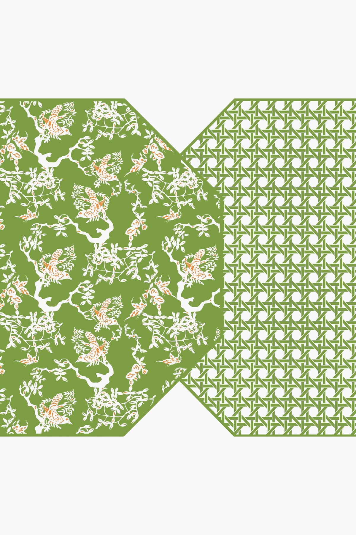 A green geometric pattern on the right overlaps with a green floral bird and branch motif on the left—Holly Stuart Home's reversible placemats, ideal for enhancing your handcrafted tableware and dining room decor.