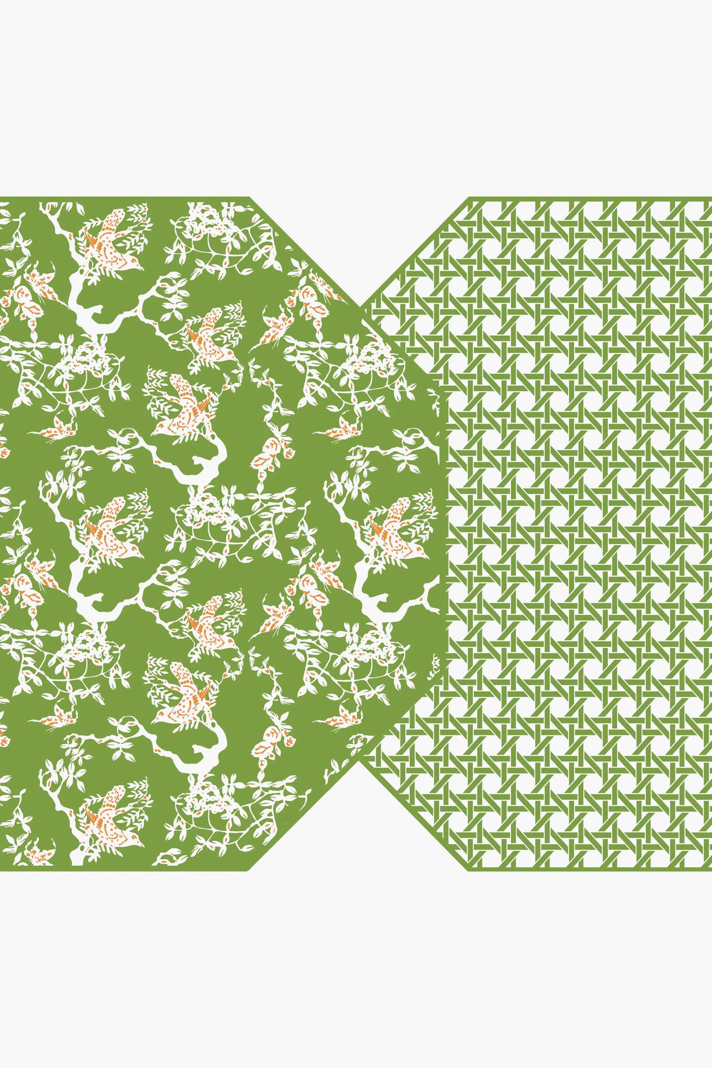A green geometric pattern on the right overlaps with a green floral bird and branch motif on the left—Holly Stuart Home's reversible placemats, ideal for enhancing your handcrafted tableware and dining room decor.