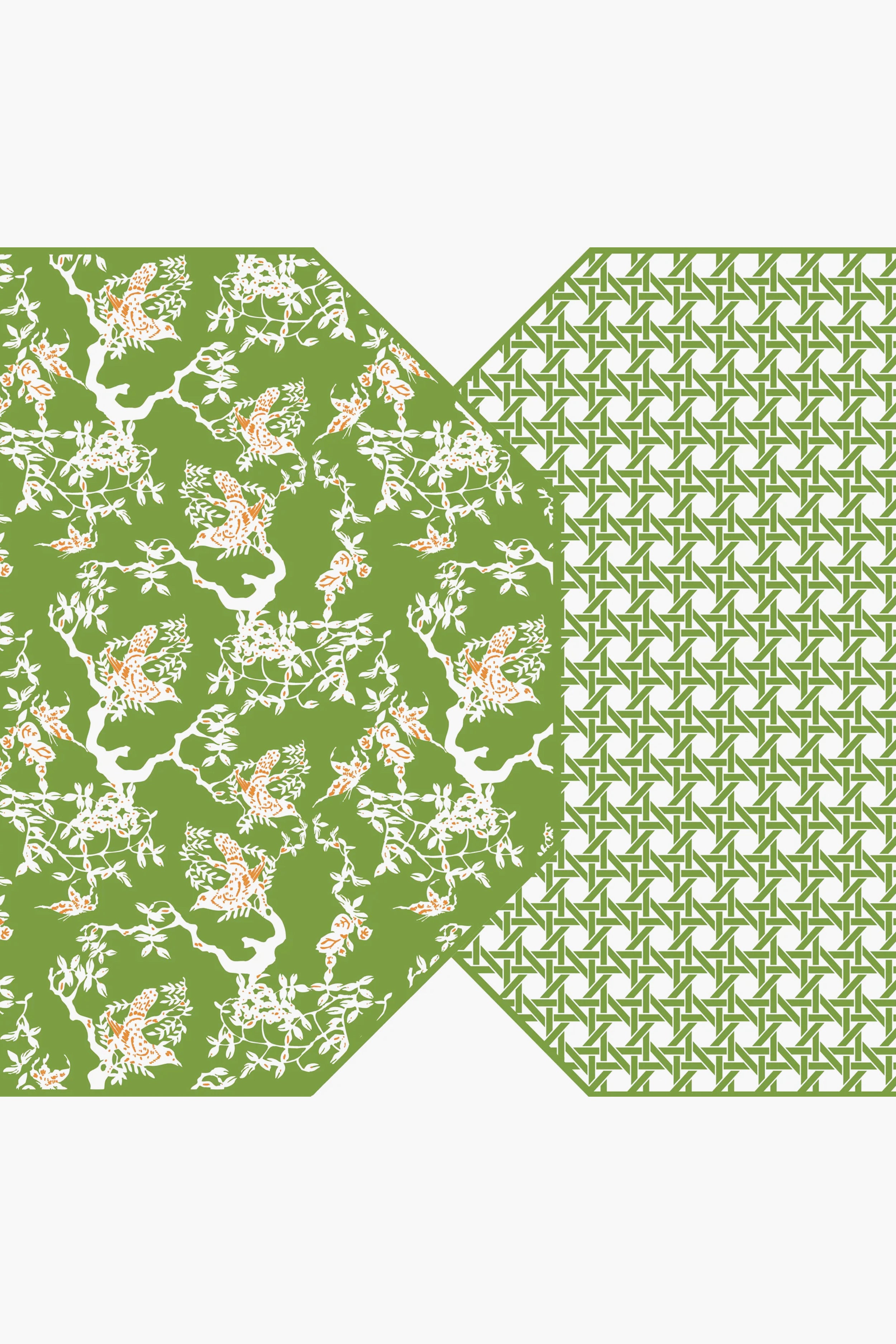 A green geometric pattern on the right overlaps with a green floral bird and branch motif on the left—Holly Stuart Home's reversible placemats, ideal for enhancing your handcrafted tableware and dining room decor.