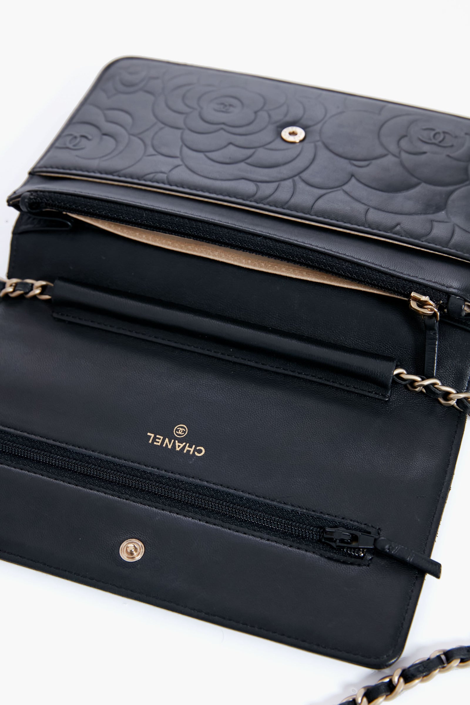 CHANEL Black Camellia Leather Wallet On Chain