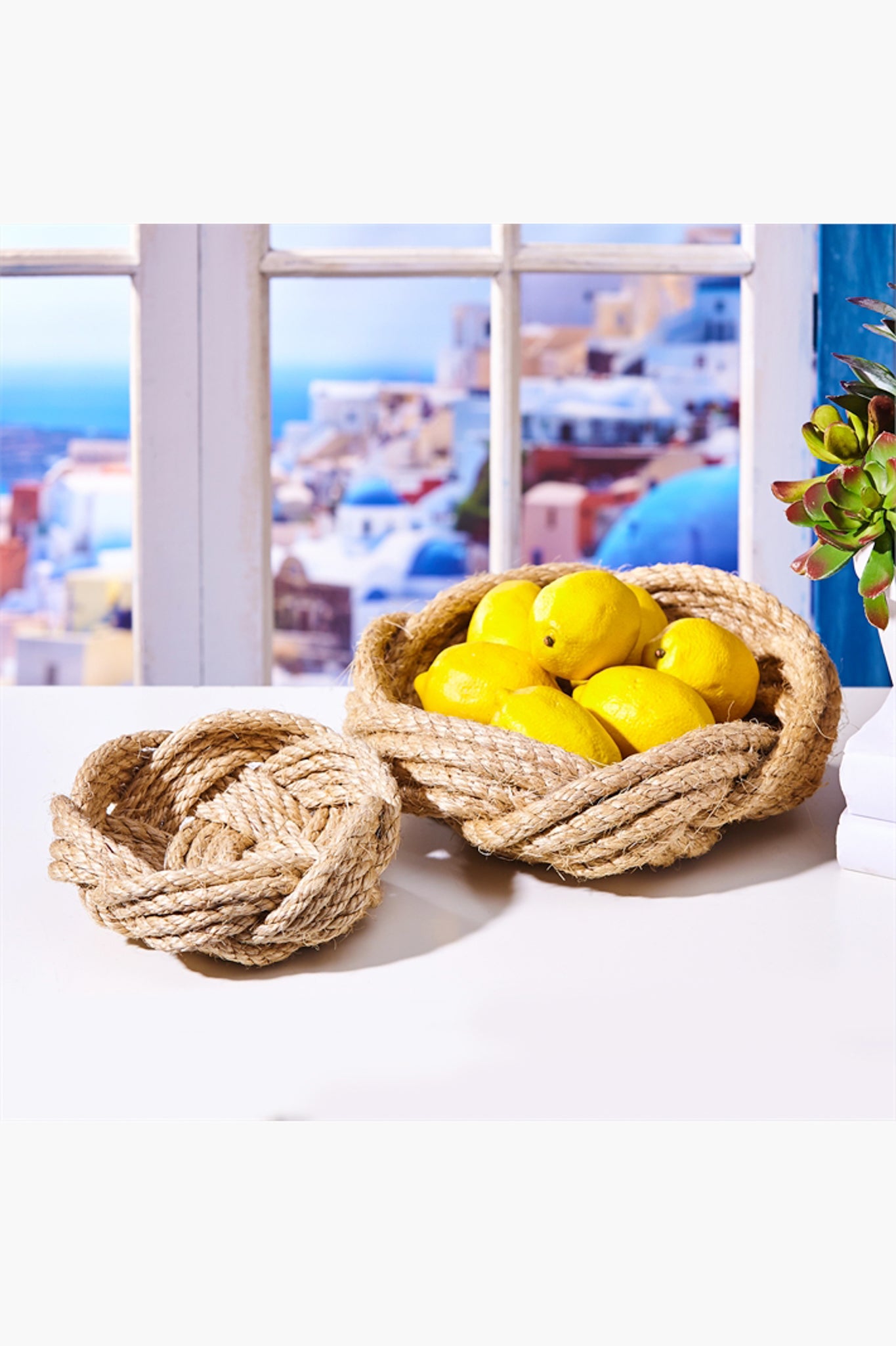 Two hand woven rope baskets by Two's Company sit on a white surface—one filled with yellow lemons, the other empty. A window with a scenic view is nearby.