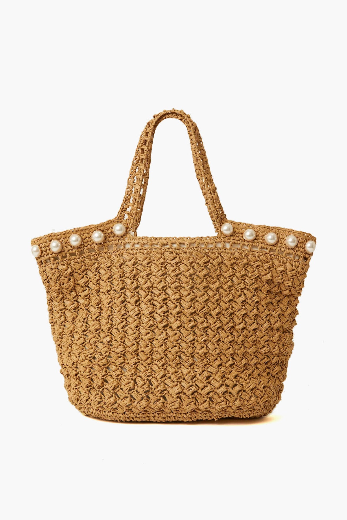 BTB woven straw tote bag featuring two handles and faux pearl accents along the top edge for a boho-chic look.
