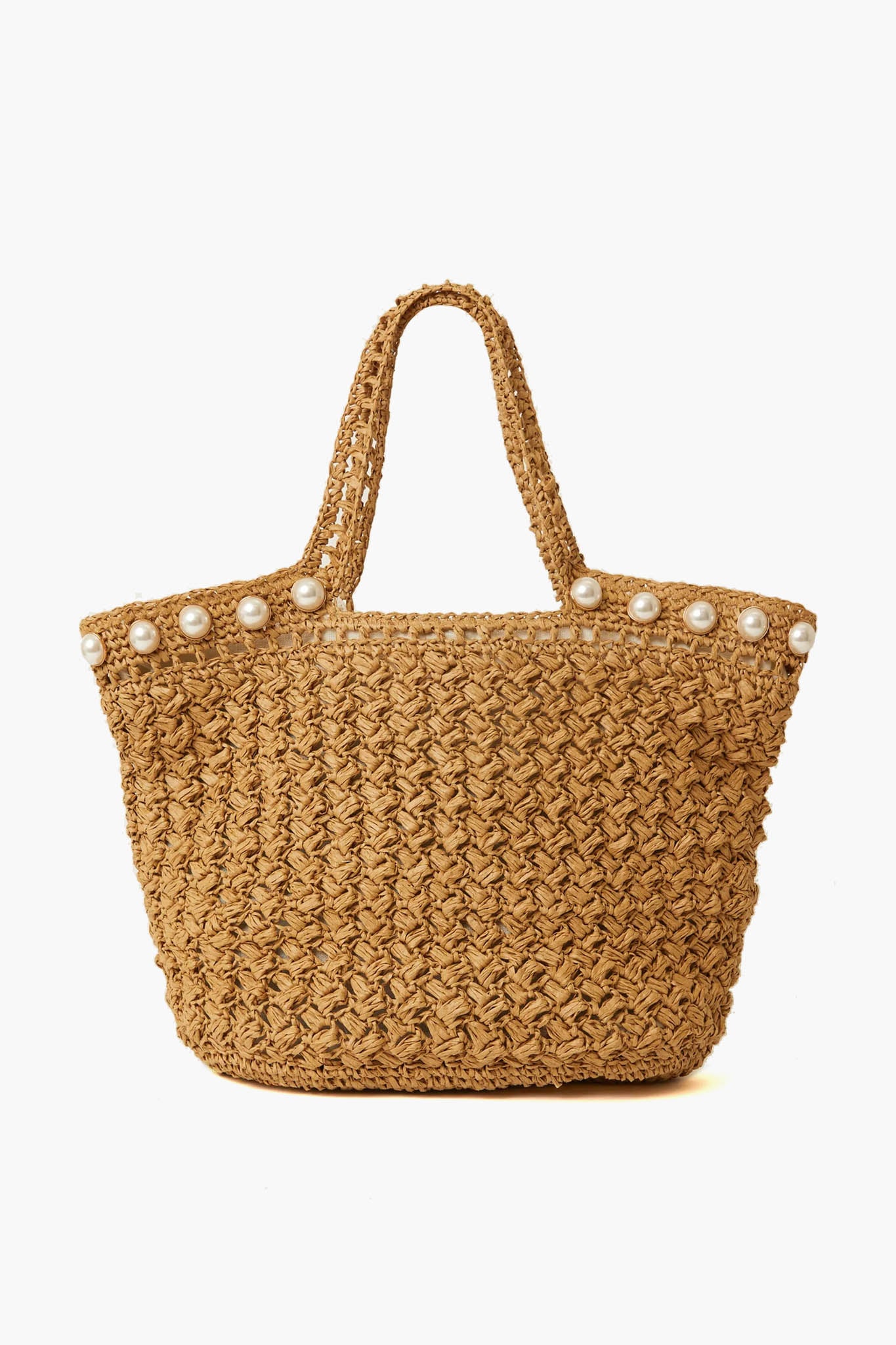 BTB woven straw tote bag featuring two handles and faux pearl accents along the top edge for a boho-chic look.