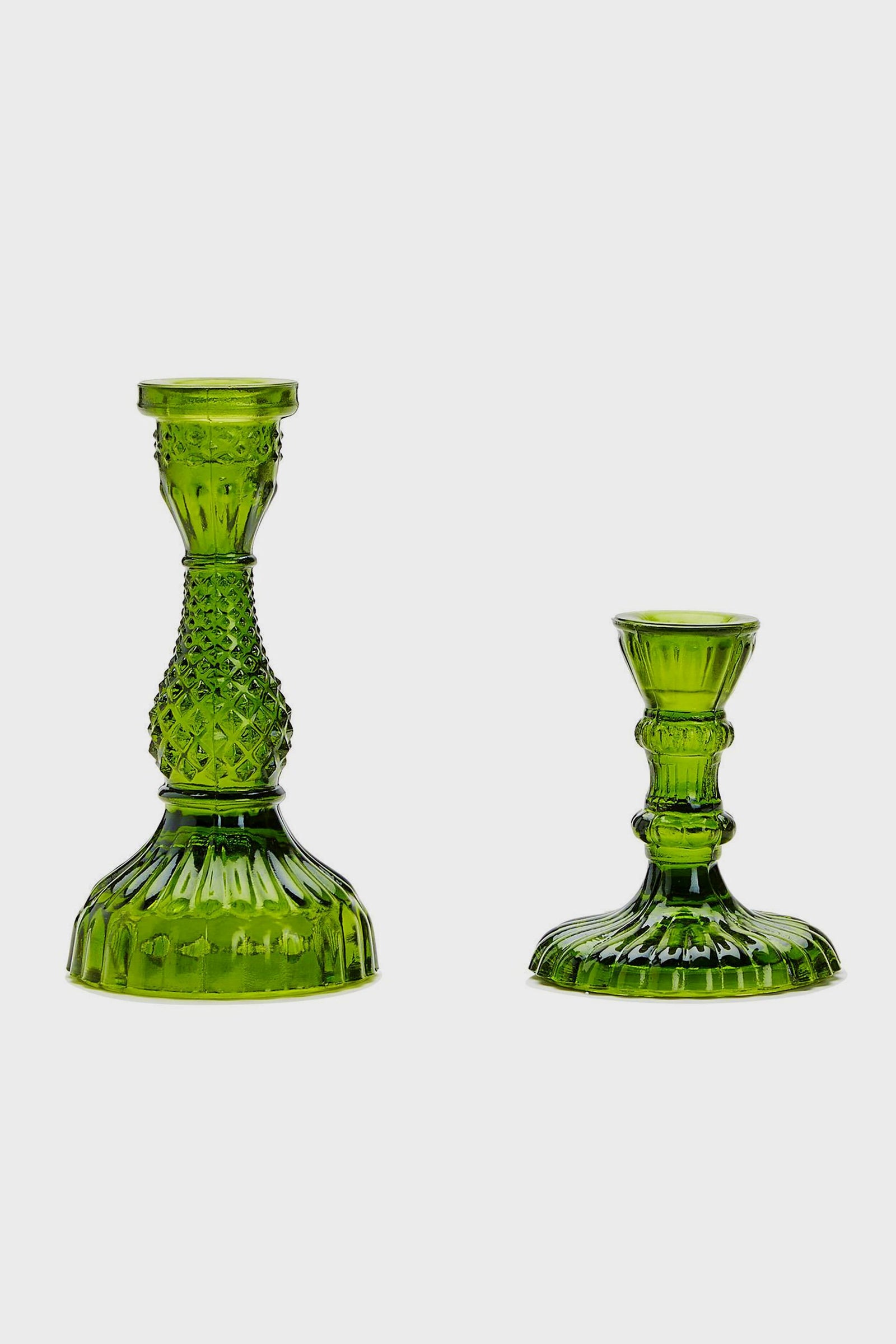 Set of 2 Casa Verde Moss Green Glass Candlesticks