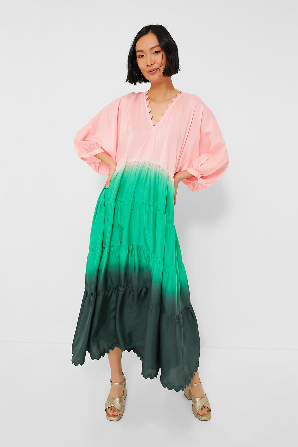 Peach and Emerald Bottle Green Ombre V-Neck Loose Maxi Dress with Ric Rac Trim | Juliet Dunn Peach and Emerald Bottle Green Ombre V-Neck Loose Maxi Dress with Ric Rac Trim | Juliet Dunn