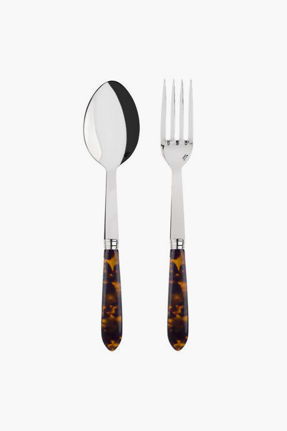 A Sabre Paris serving set featuring a stainless steel spoon and fork with glossy, brown tortoise handles, arranged side by side for a stylish touch.