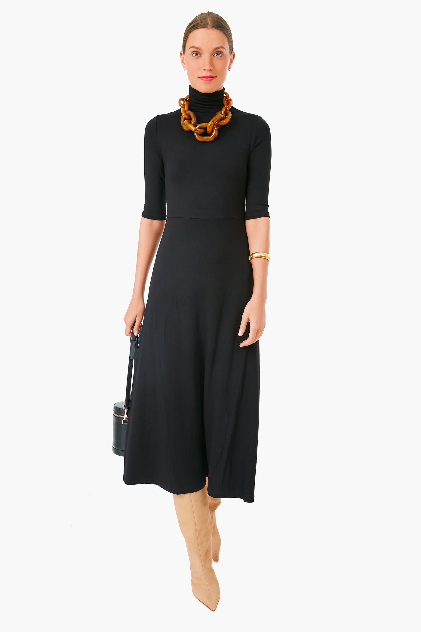 Black Elbow Sleeve Turtleneck Dress