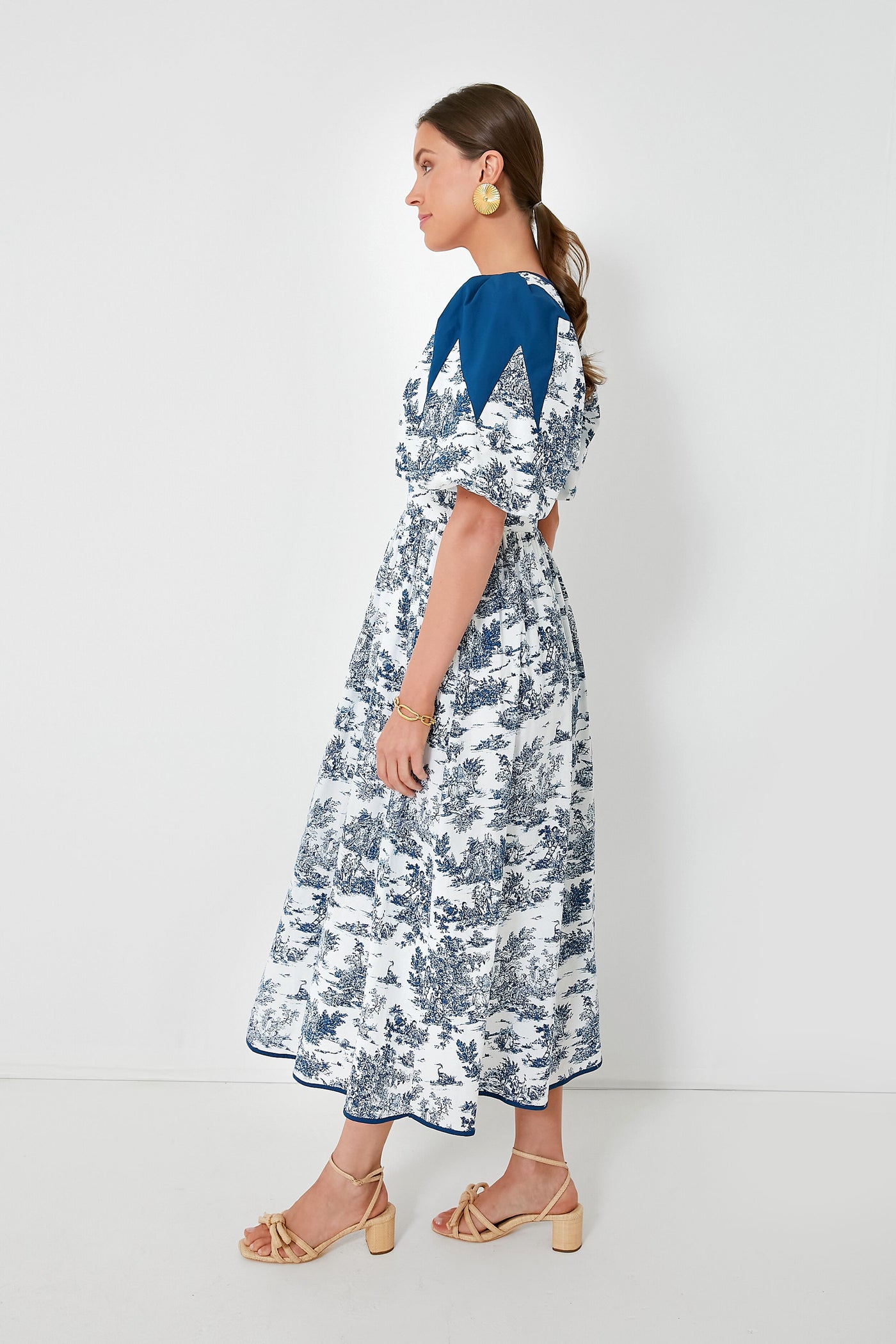 blue toile midi dress Skyla 100% Cotton Toile Midi Dress with Tie in Blue X-Small