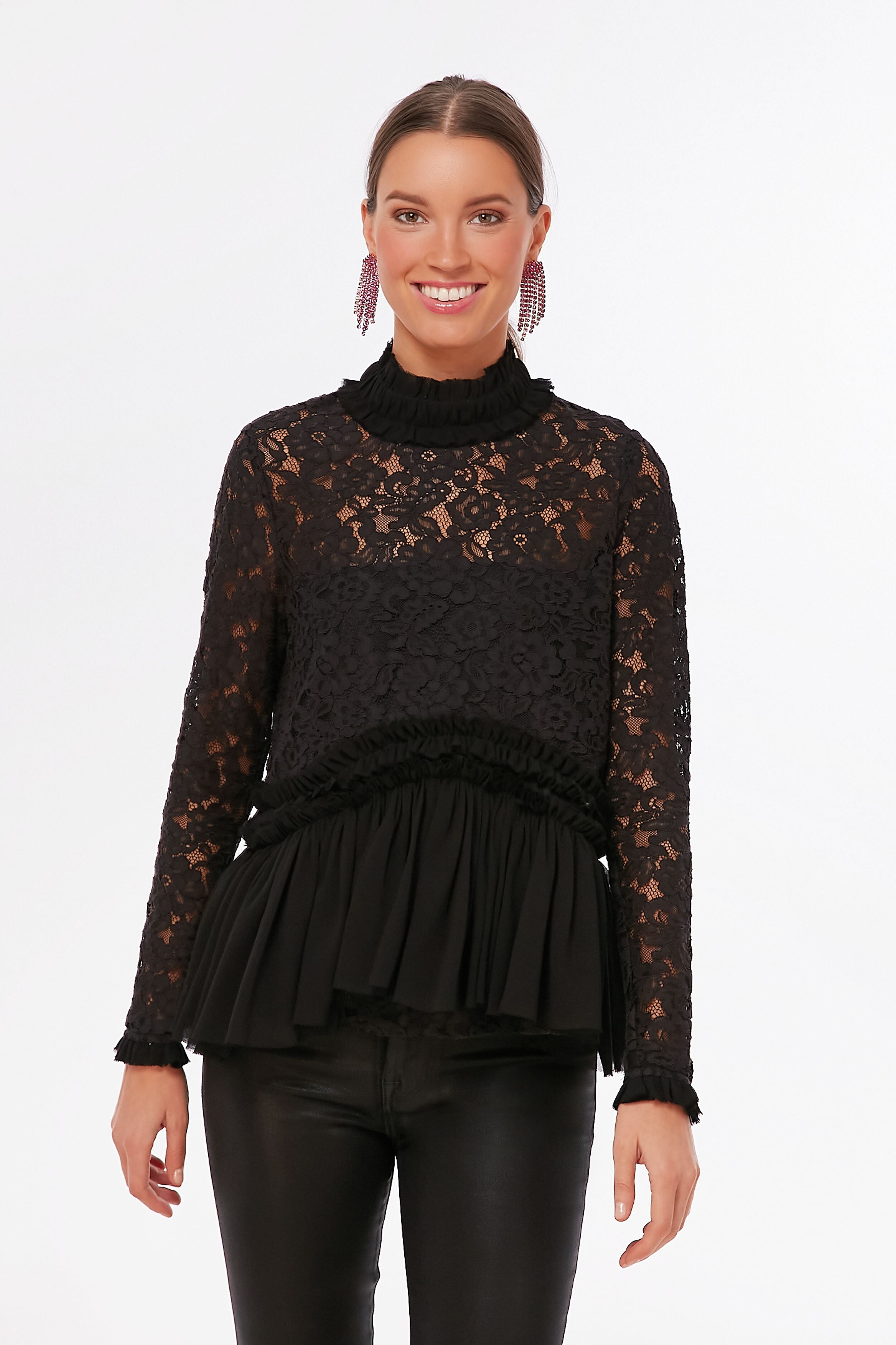 White House black market embroidered mesh top size XS  Black mesh top,  Long sleeve lace tee, Peplum lace top