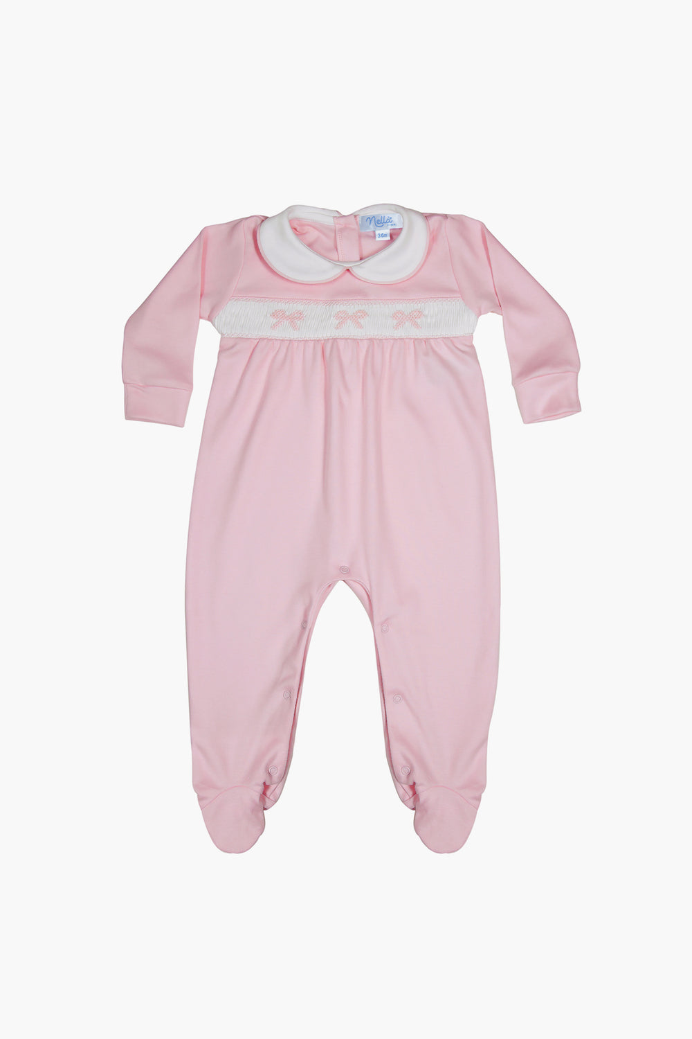 Nella Pima pink long-sleeve baby girl footie, crafted from Peruvian Pima cotton with a white collar and decorative white and pink chest band, shown laid flat.