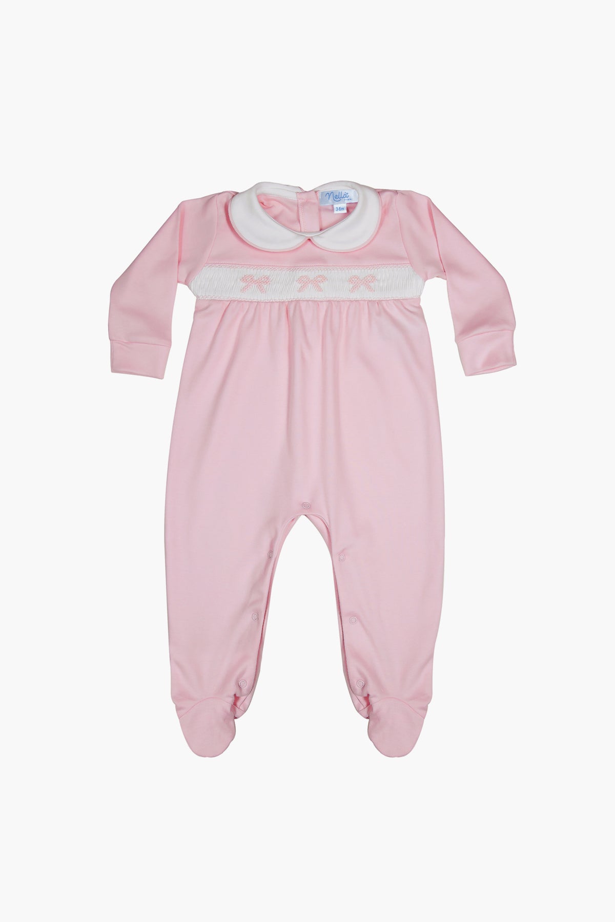 Nella Pima pink long-sleeve baby girl footie, crafted from Peruvian Pima cotton with a white collar and decorative white and pink chest band, shown laid flat.