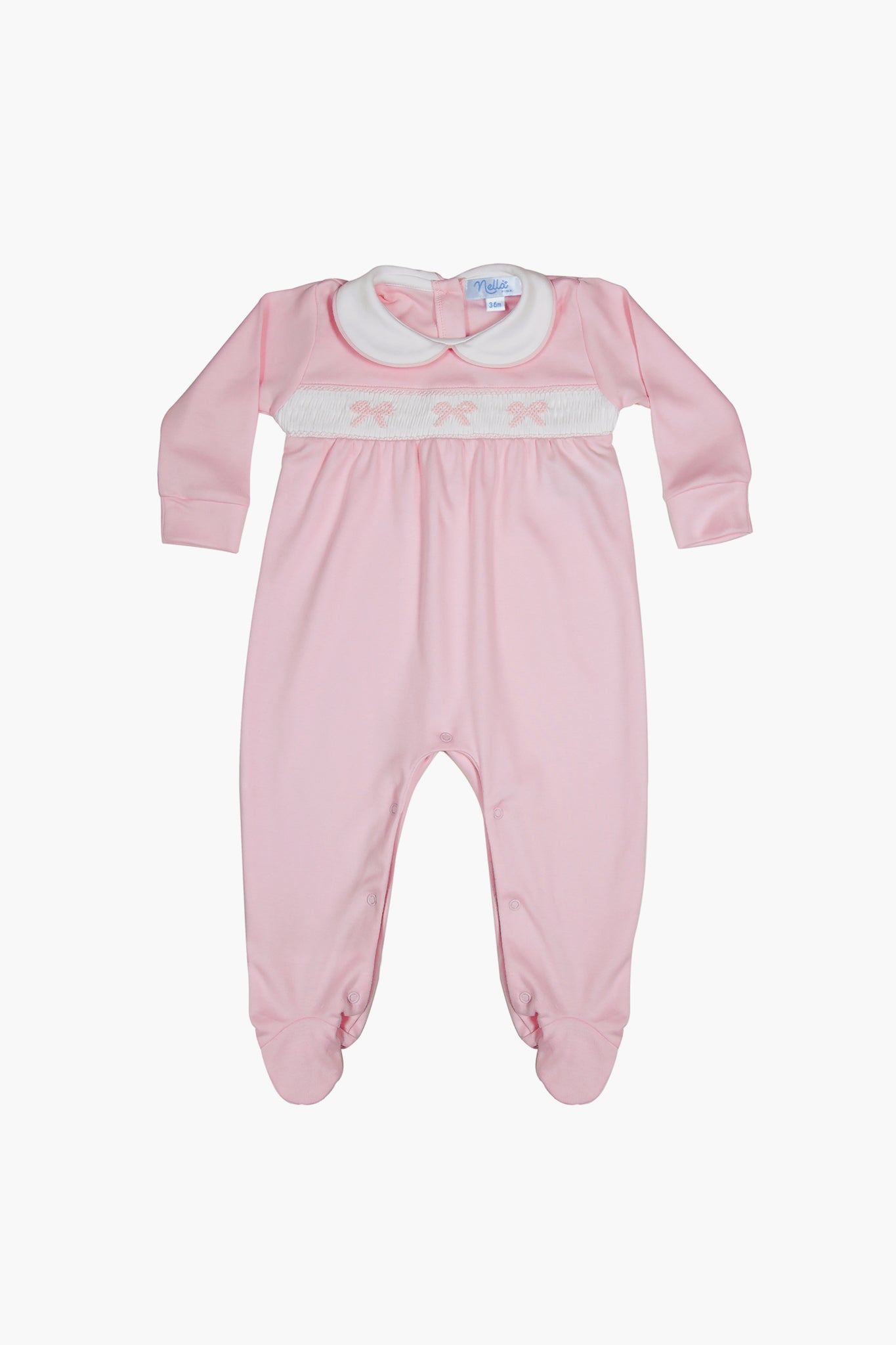 Nella Pima pink long-sleeve baby girl footie, crafted from Peruvian Pima cotton with a white collar and decorative white and pink chest band, shown laid flat.