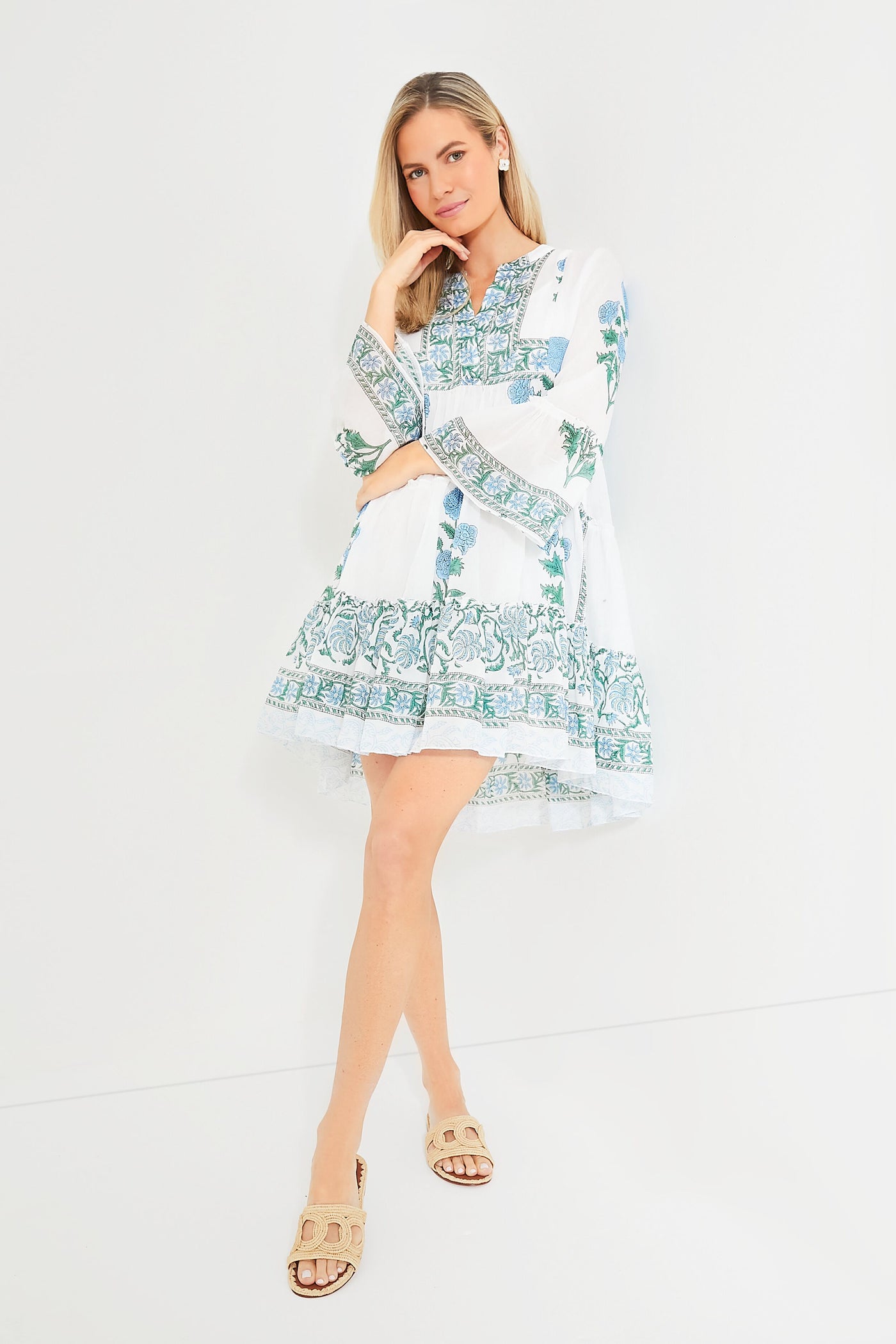 Exclusive White Poppy Flared Sleeve Dress