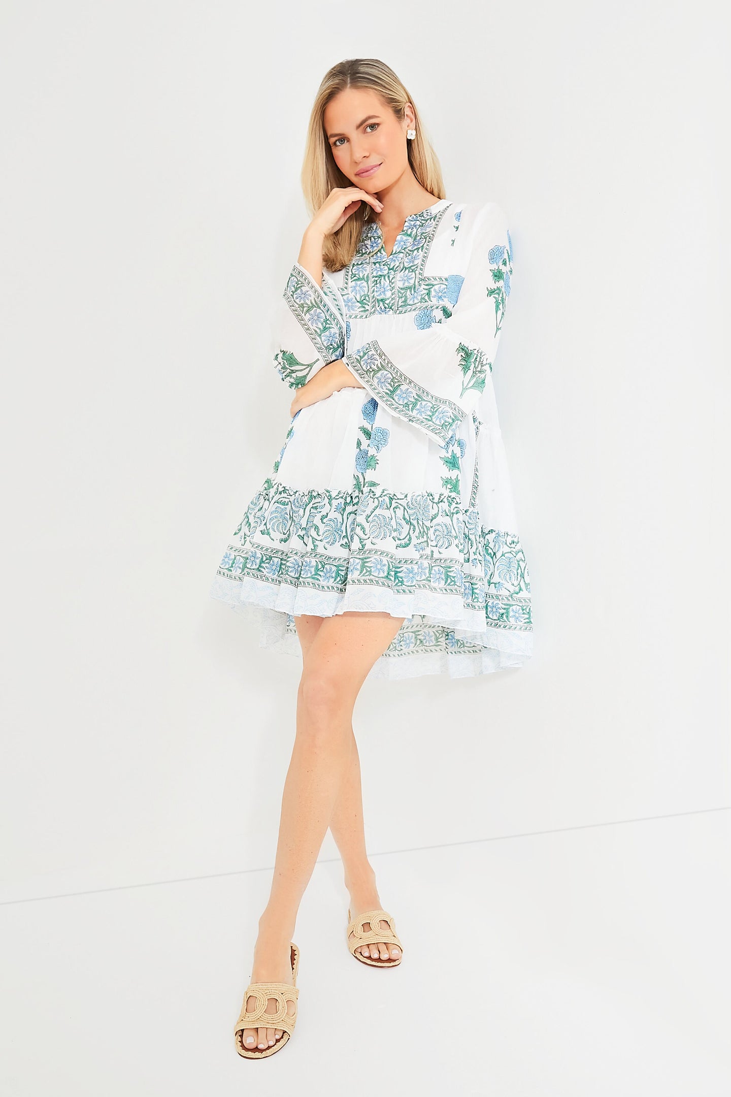 Exclusive White Poppy Flared Sleeve Dress