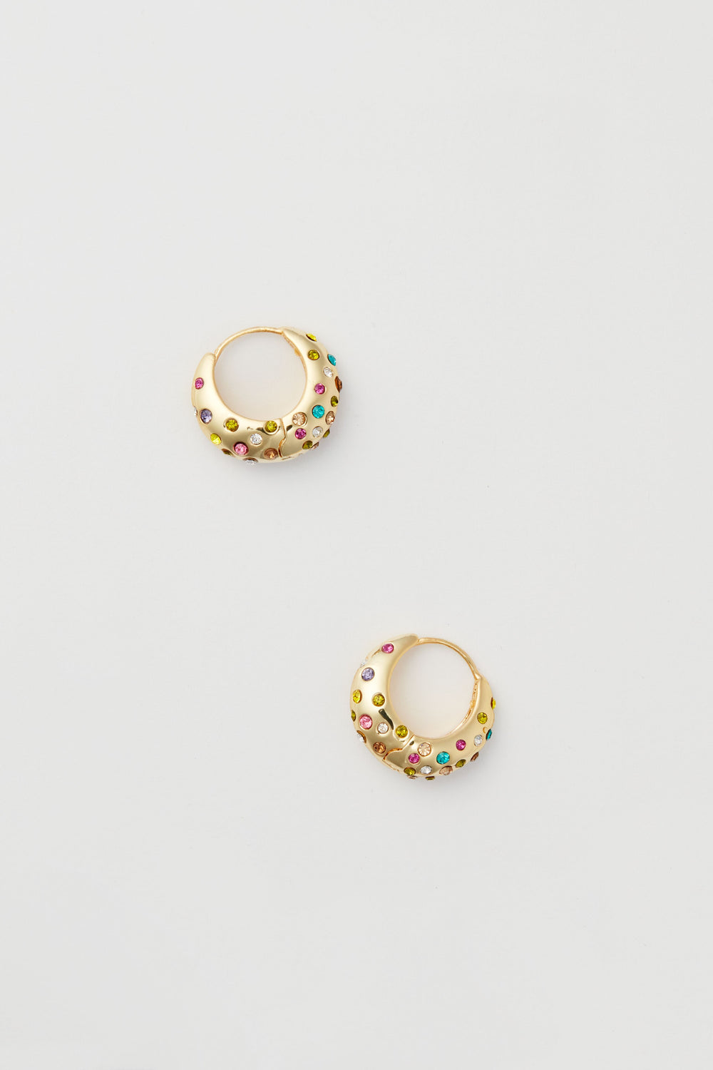 Mignonne Gavigan small gold earrings adorned with multicolor crystals and vibrant gemstone accents for a playful touch.