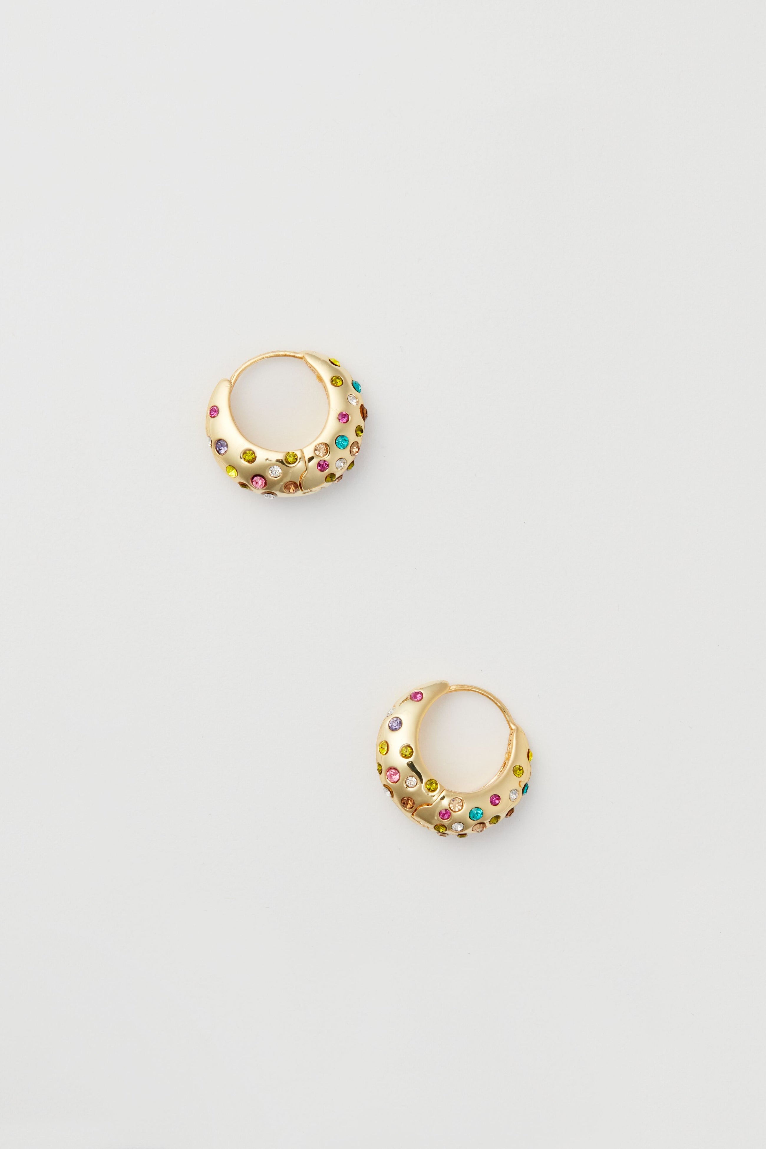 Mignonne Gavigan small gold earrings adorned with multicolor crystals and vibrant gemstone accents for a playful touch.