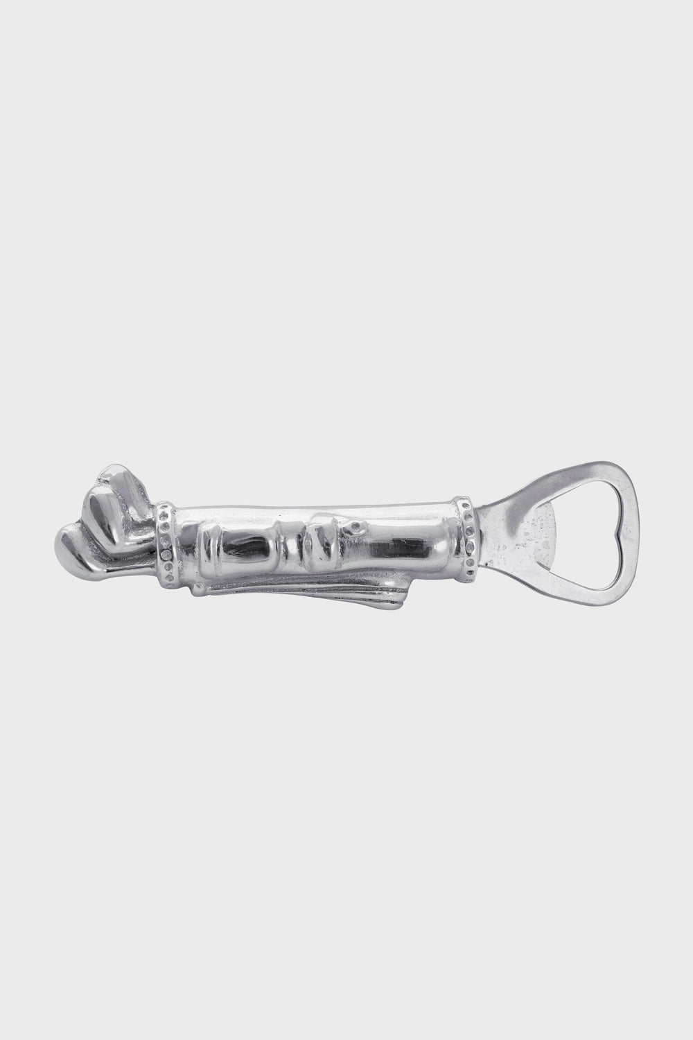 The Mariposa silver metal bottle opener is handcrafted from recycled aluminum and features a decorative handle with a sculpted face and hand design.