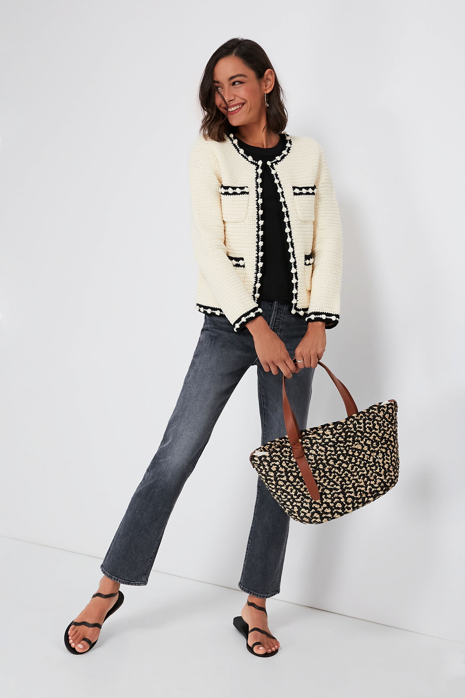 Black Melange Raffia Tote