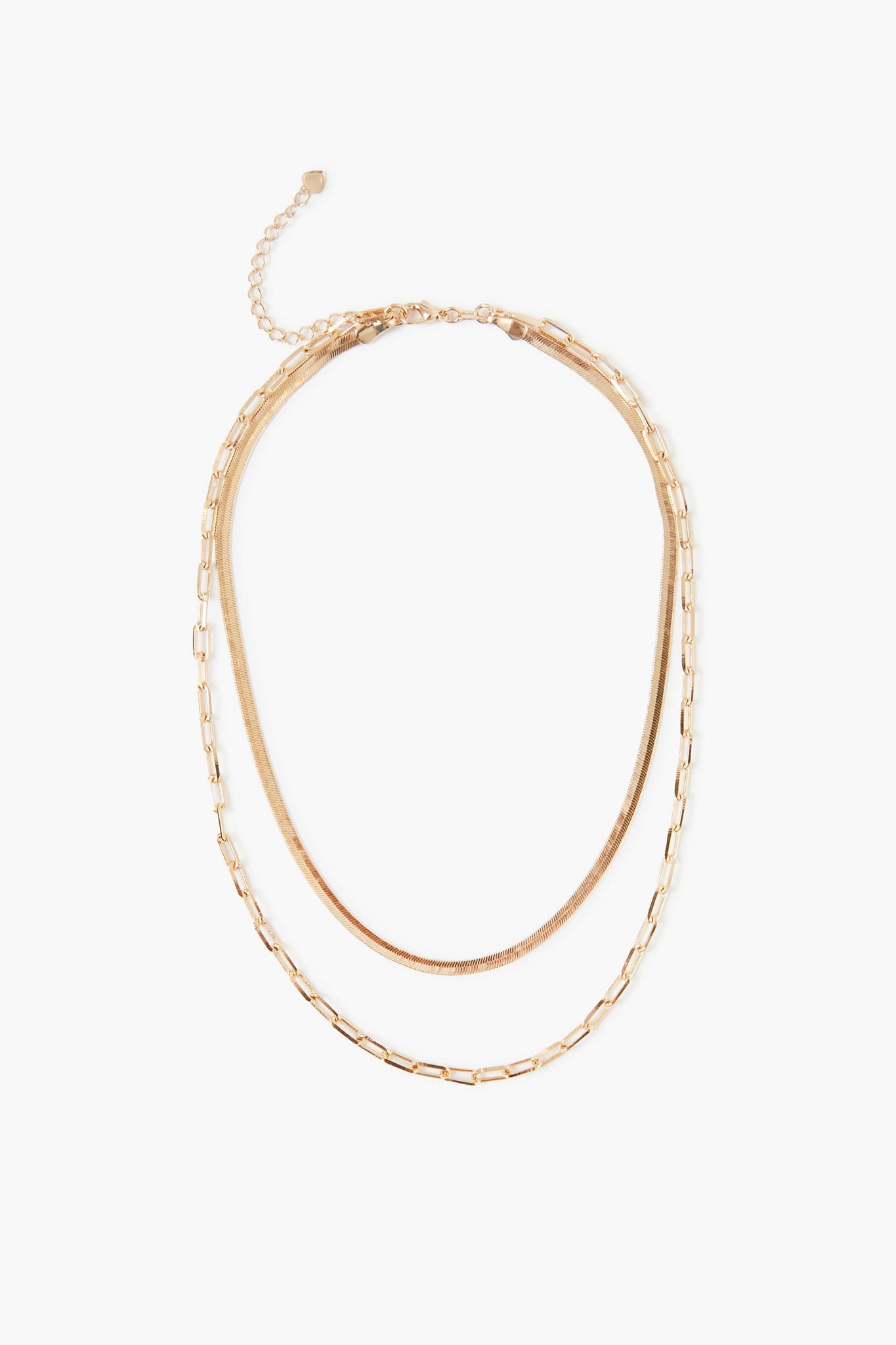 Alexa Leigh Double Down Layering Necklace features a flat herringbone chain and an elongated link chain, crafted in 18k gold plating with an adjustable clasp.