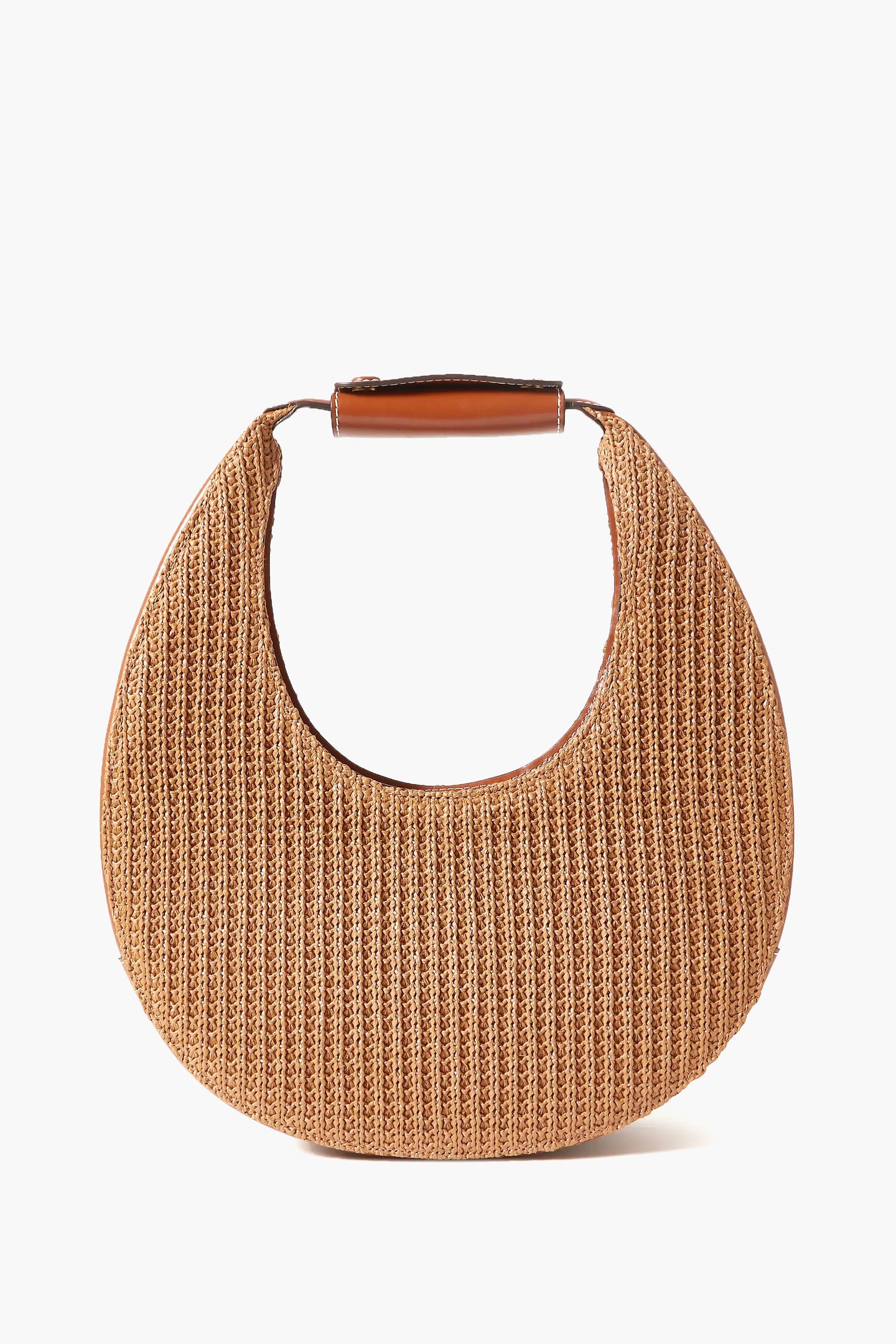 STAUD's structured shoulder bag features a woven crescent shape in leather and raffia with a leather-wrapped handle.