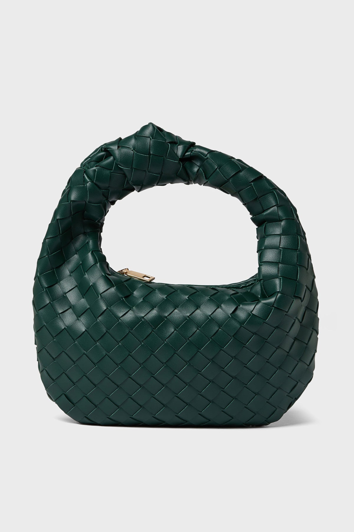 The Urban Expressions handbag is a dark green, rounded, woven vegan leather accessory with a short handle, offering a stylish and animal-friendly option.