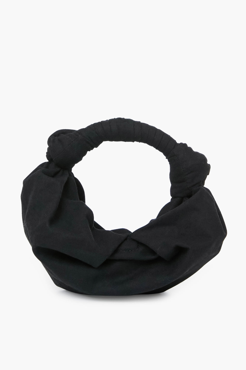 The Simon Miller Black Lopsy Bag is a chic, black fabric knot handle purse with a soft, rounded shape—perfect for any occasion.