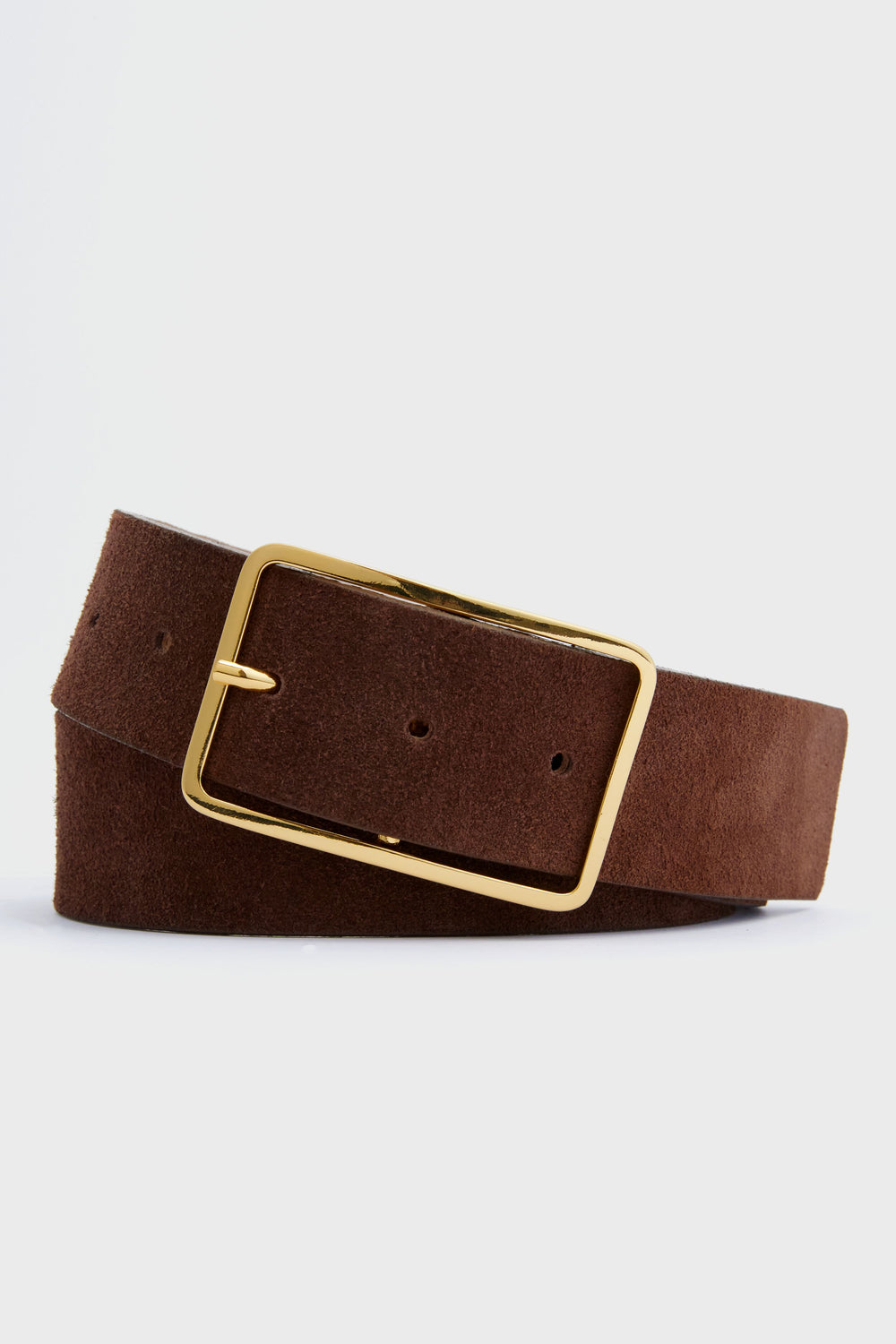 A B-Low the Belt chocolate Italian suede belt with a gold-tone buckle.