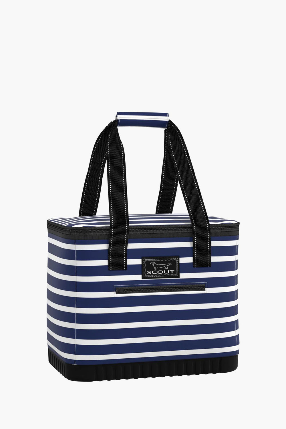 The SCOUT insulated tote bag features navy blue and white horizontal stripes, black handles, and a front brand label—making it a stylish large soft cooler for any outing.
